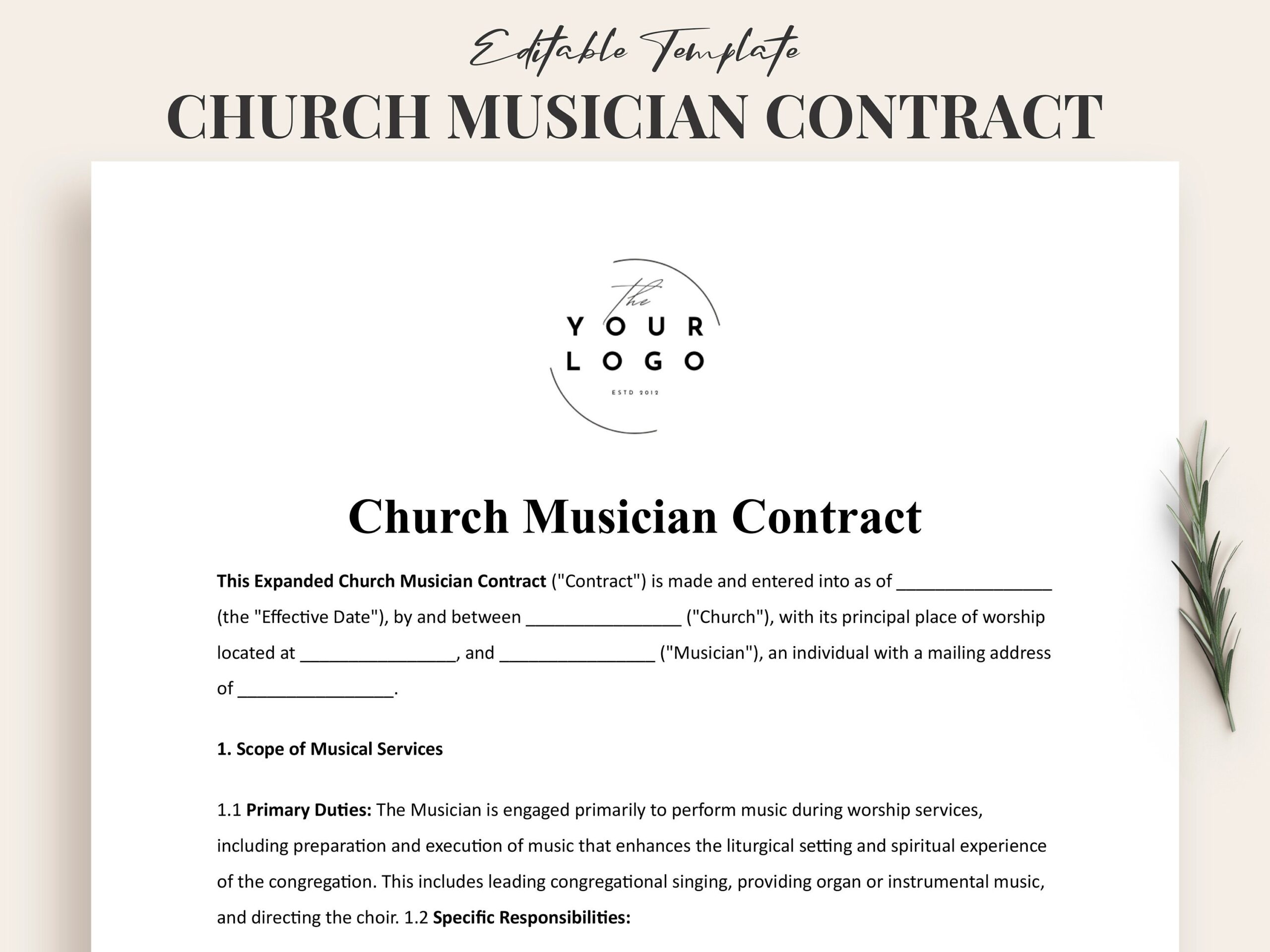 Customizable Church Musician Contract Template Editable Church Choir Agreement Instant Download Worship Music Director Employment Form Etsy