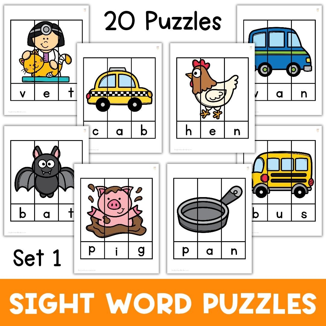 CVC Sight Word Puzzles Printable Kindergarten Puzzles Preschool Puzzles Classroom Printables Reading Matching Etsy