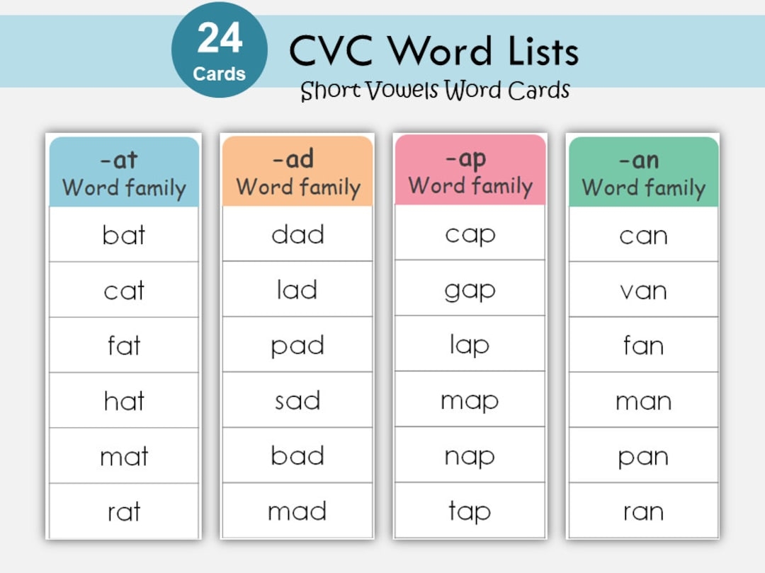 CVC Words List Printable Kindergarten Phonics Reading Cards digital Download Etsy