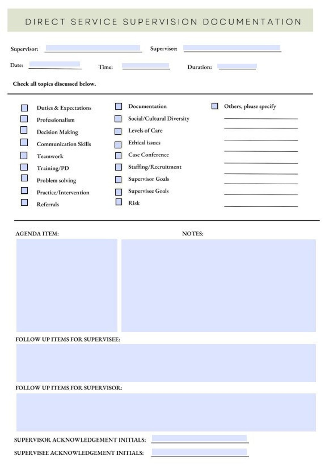 Direct Service clinical Supervision Note Template Etsy