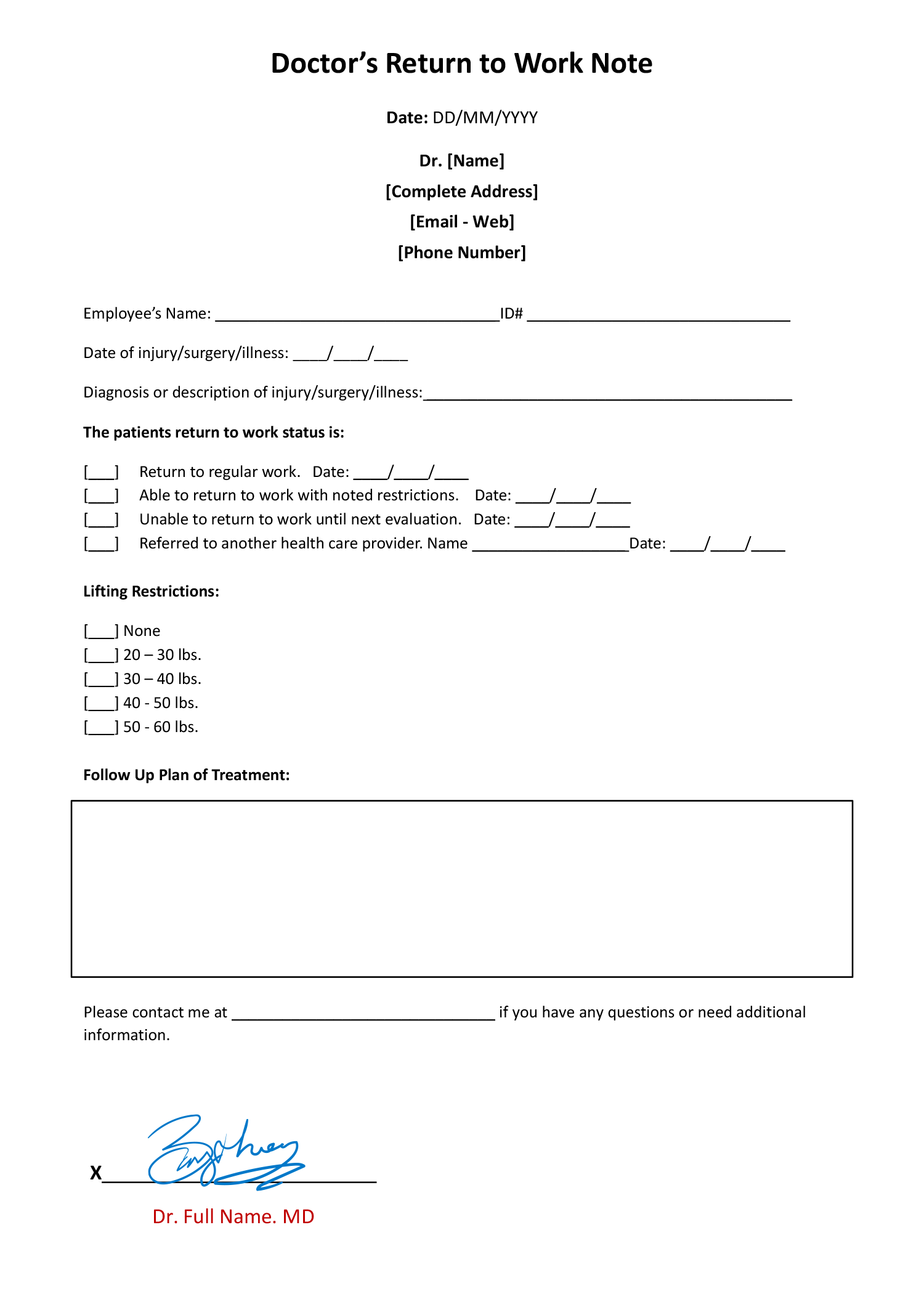 Doctor s Return To Work Note Template Word Google Docs PDF