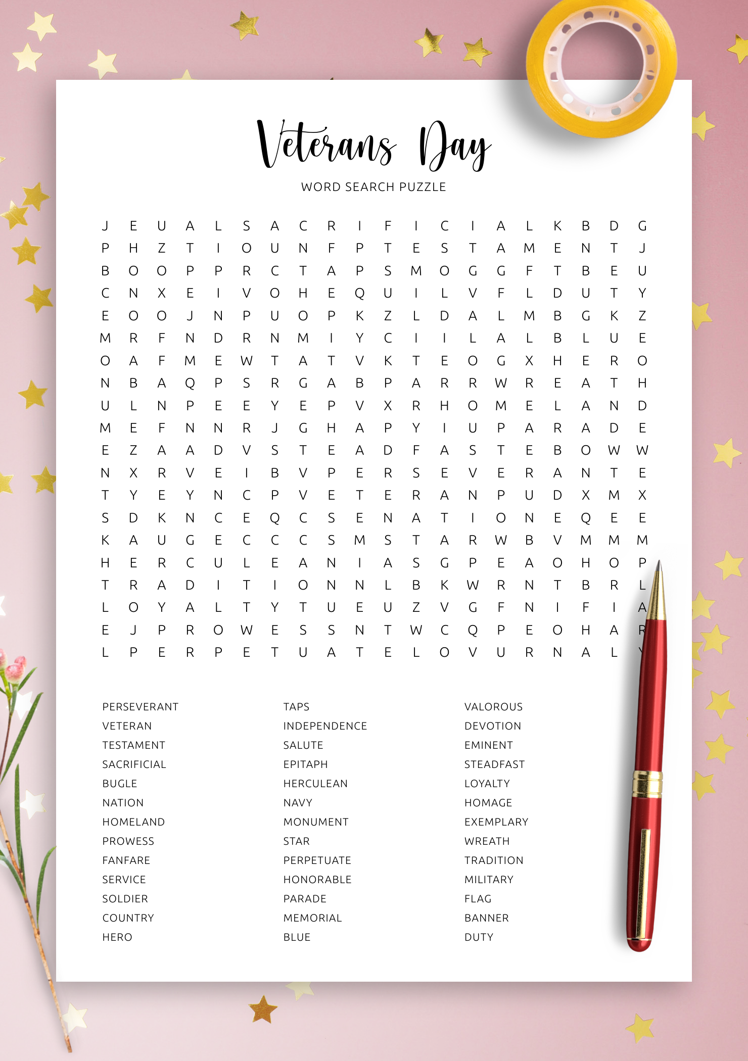Download Printable Veterans Day Word Search In PDF