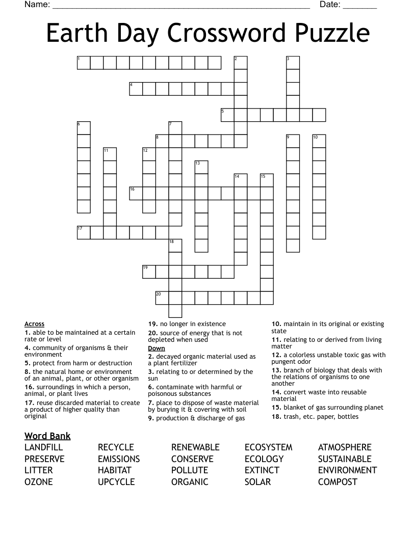 Earth Day Crossword Puzzle WordMint