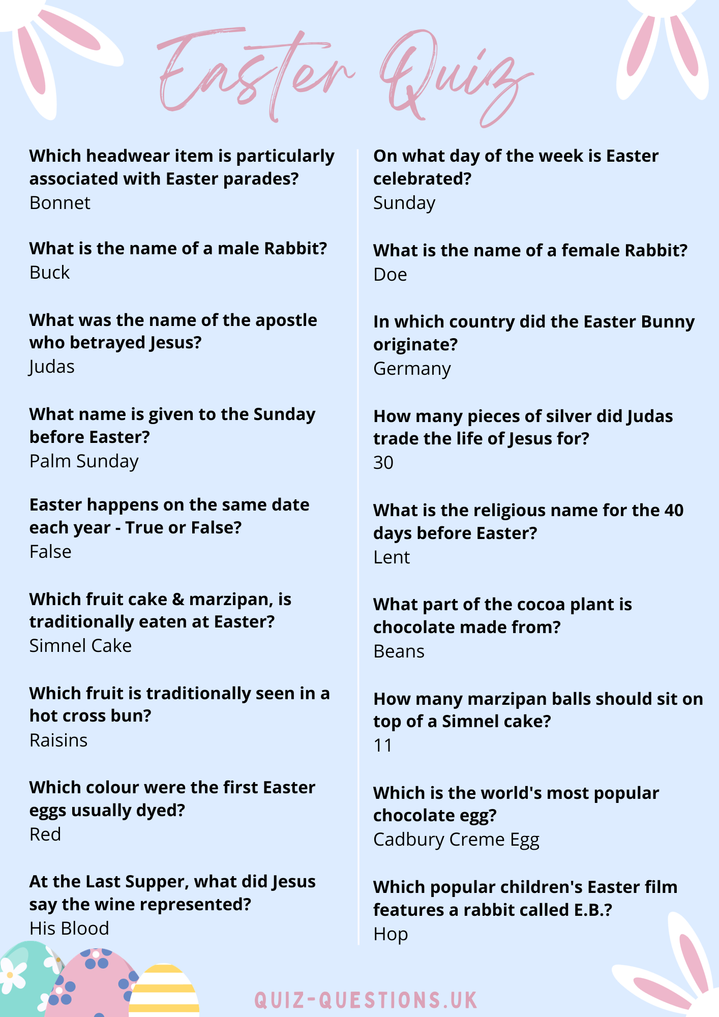 easter trivia questions printable