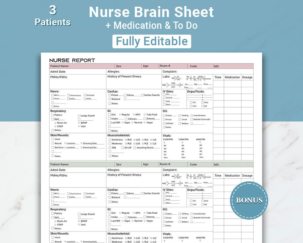 printable nursing report sheet template