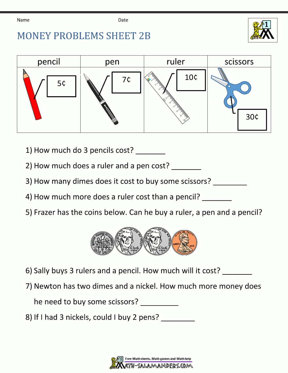 Editable Money Word Problems Worksheets