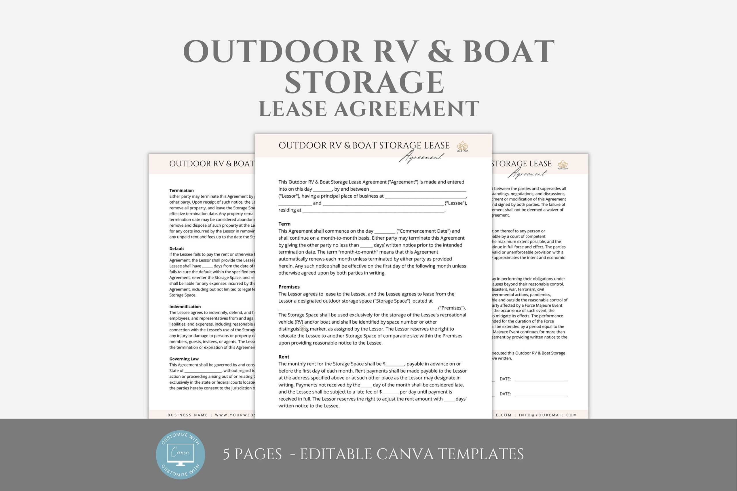 Editable Outdoor RV Boat Storage Lease Agreement Storage Space Lease Agreement Rental Business Forms Invoice Template Canva Editable Etsy