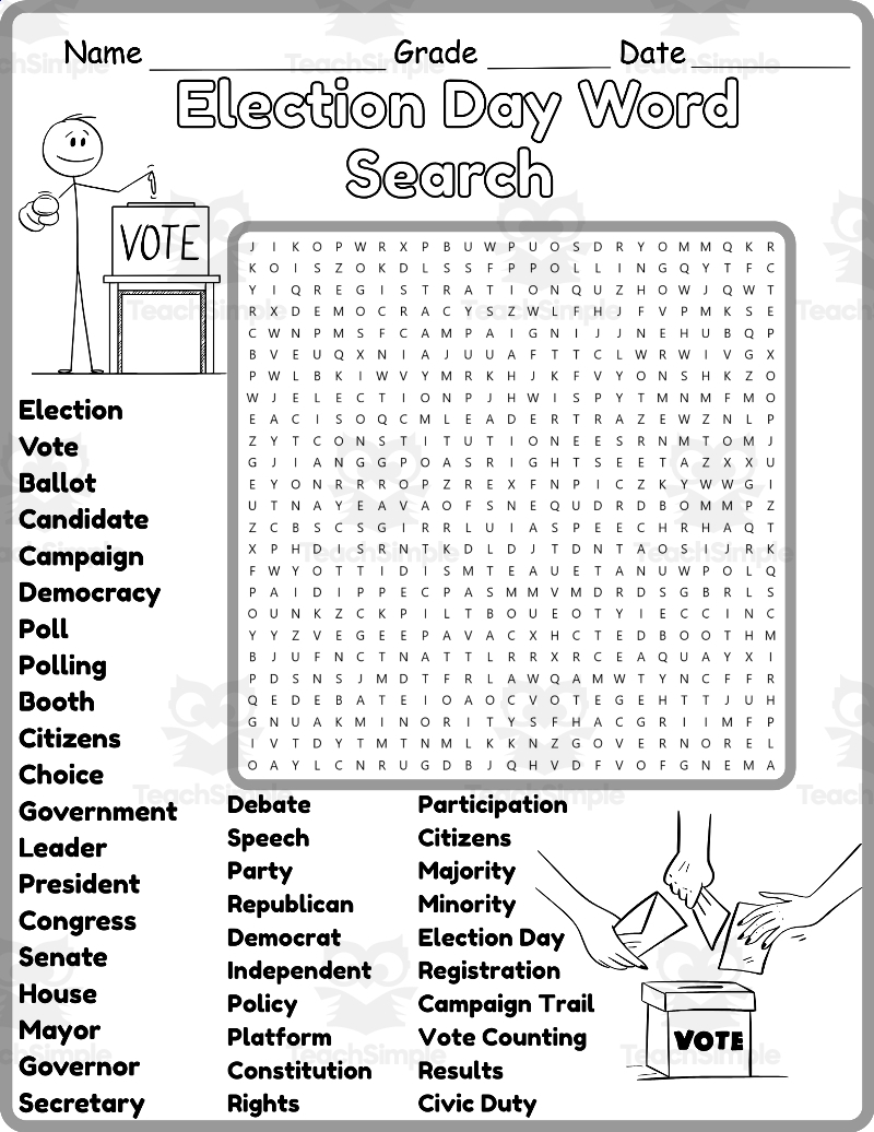 Election Day Word Search 2nd 3rd 4th 5th Grade Worksheet Activity By Teach Simple