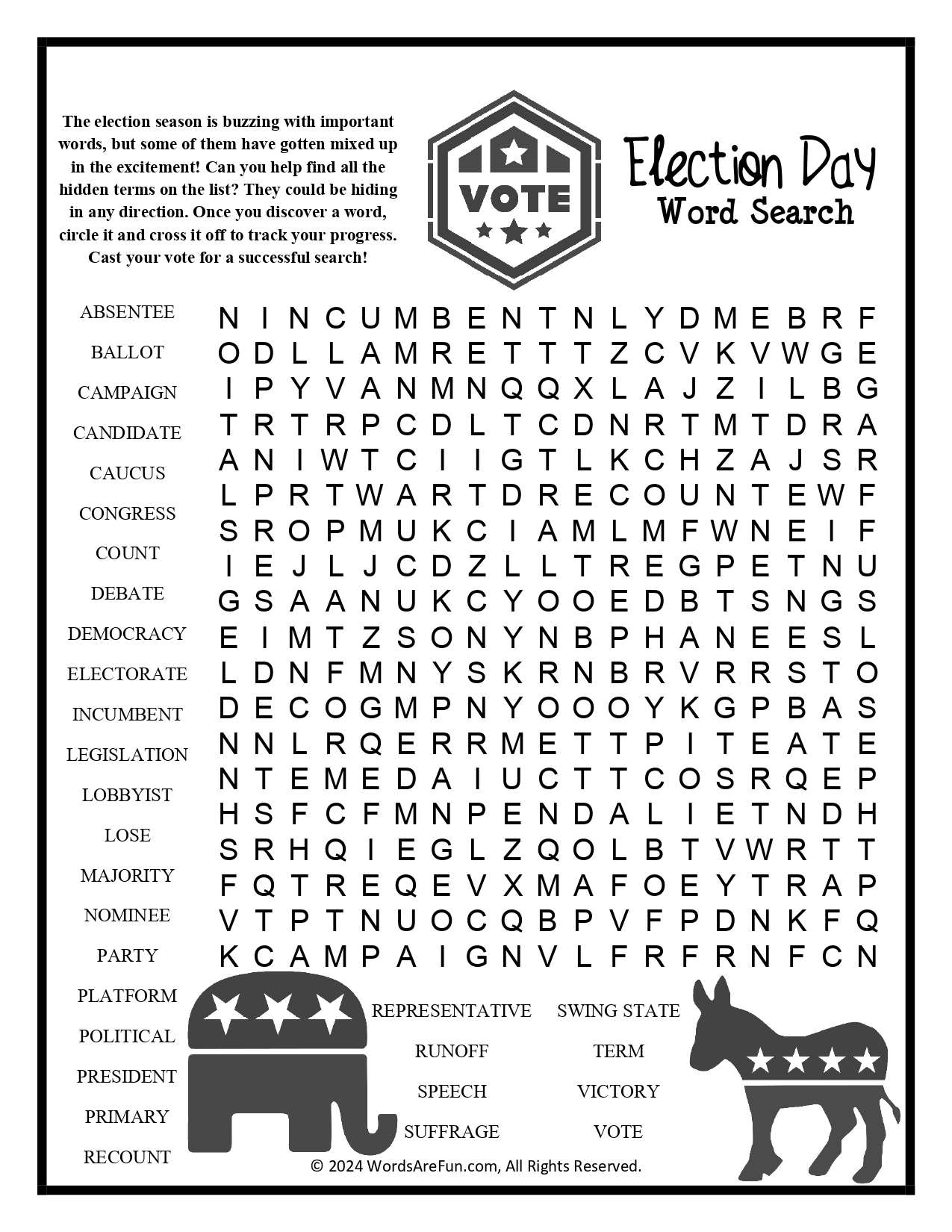 Election Day Word Search Puzzle Voting Civics Democracy Printable Activity PDF 