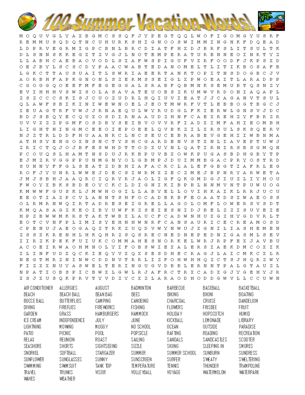 100 Summer Vacation Words Answer Key
