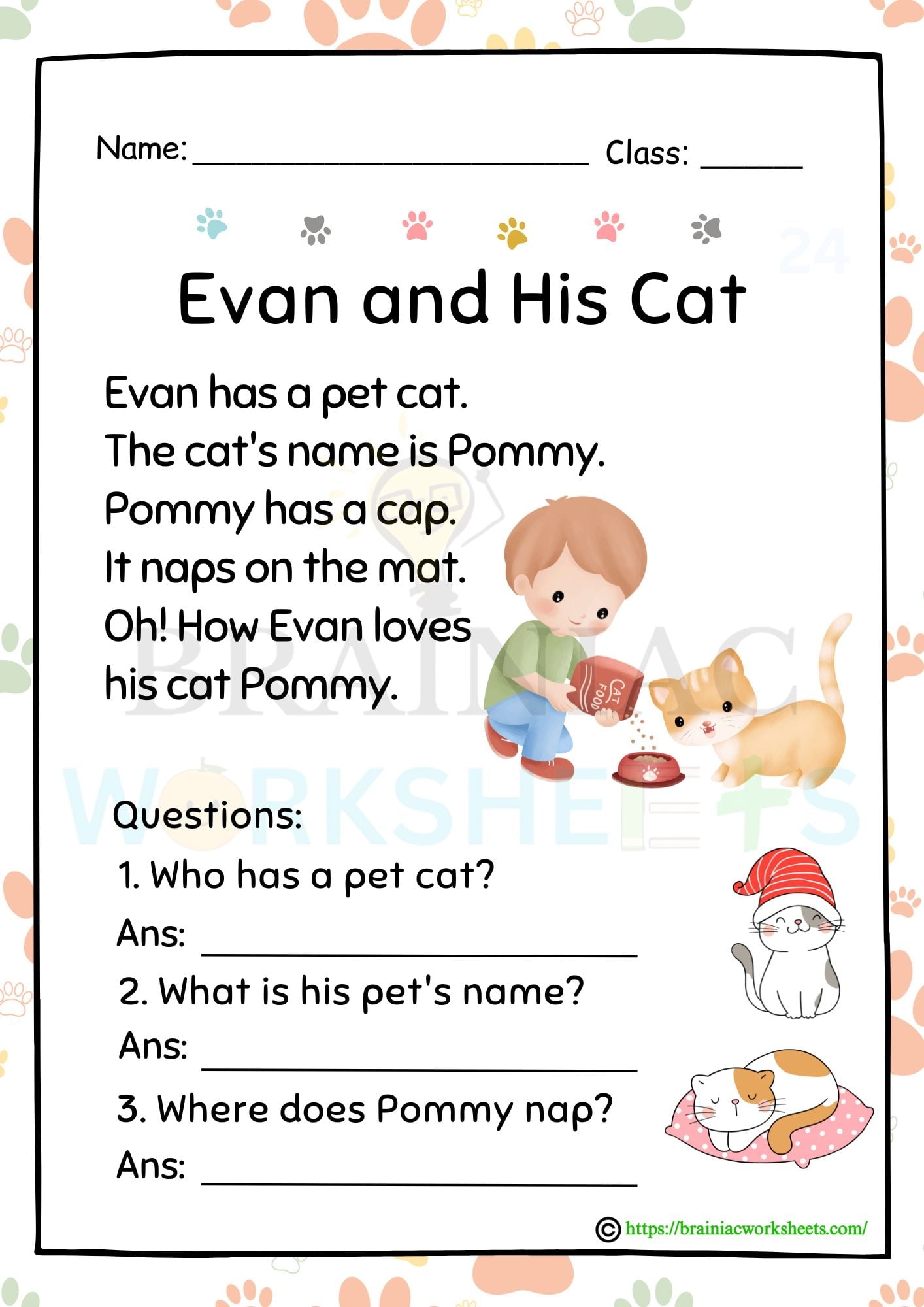 English Worksheet For Class 1 Reading Comprehension Evan And His Cat Brainiac Worksheets English Worksheet For Class 1 Reading Comprehension Evan And His Cat Brainiac Worksheets