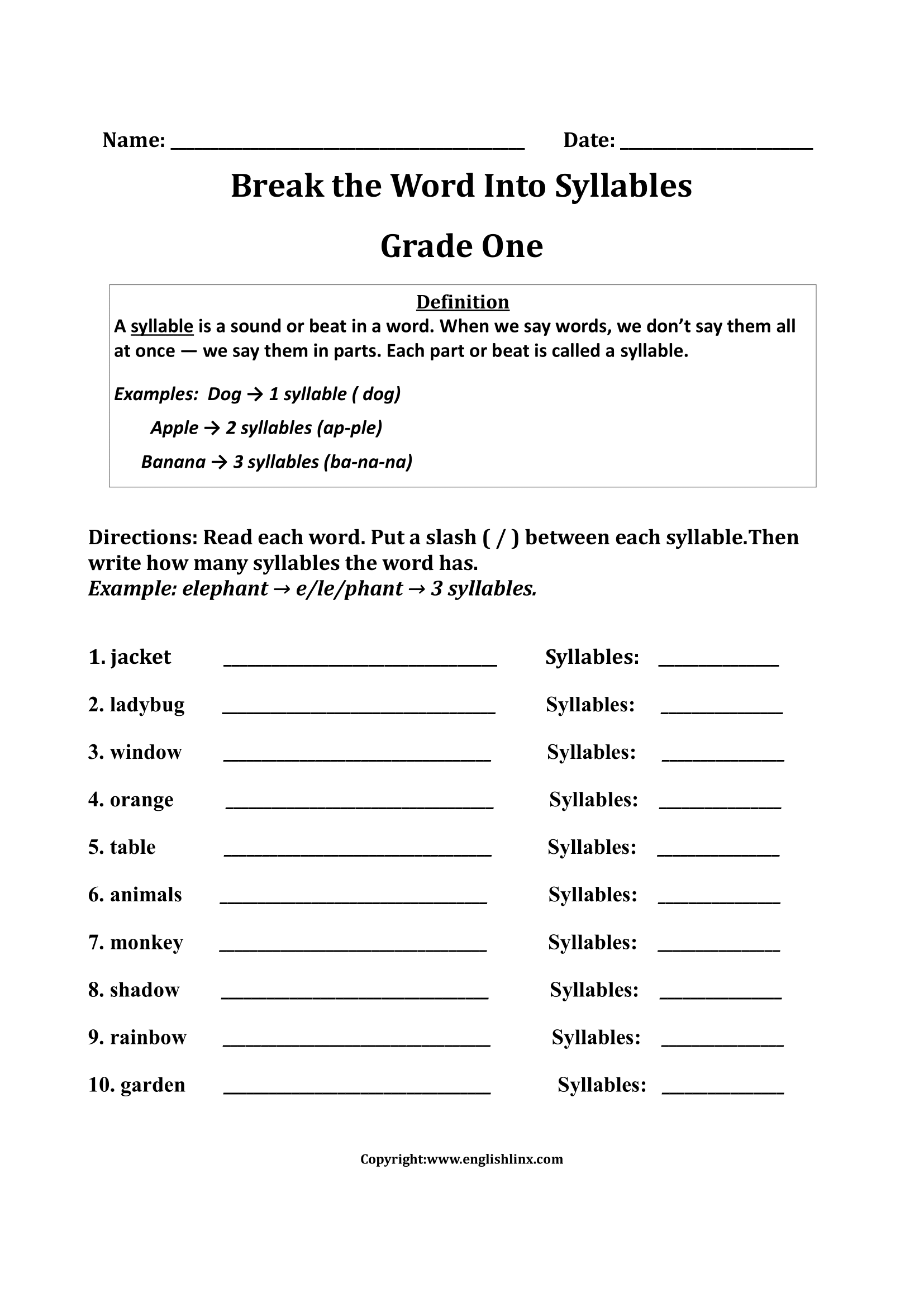 Englishlinx Syllables Worksheets