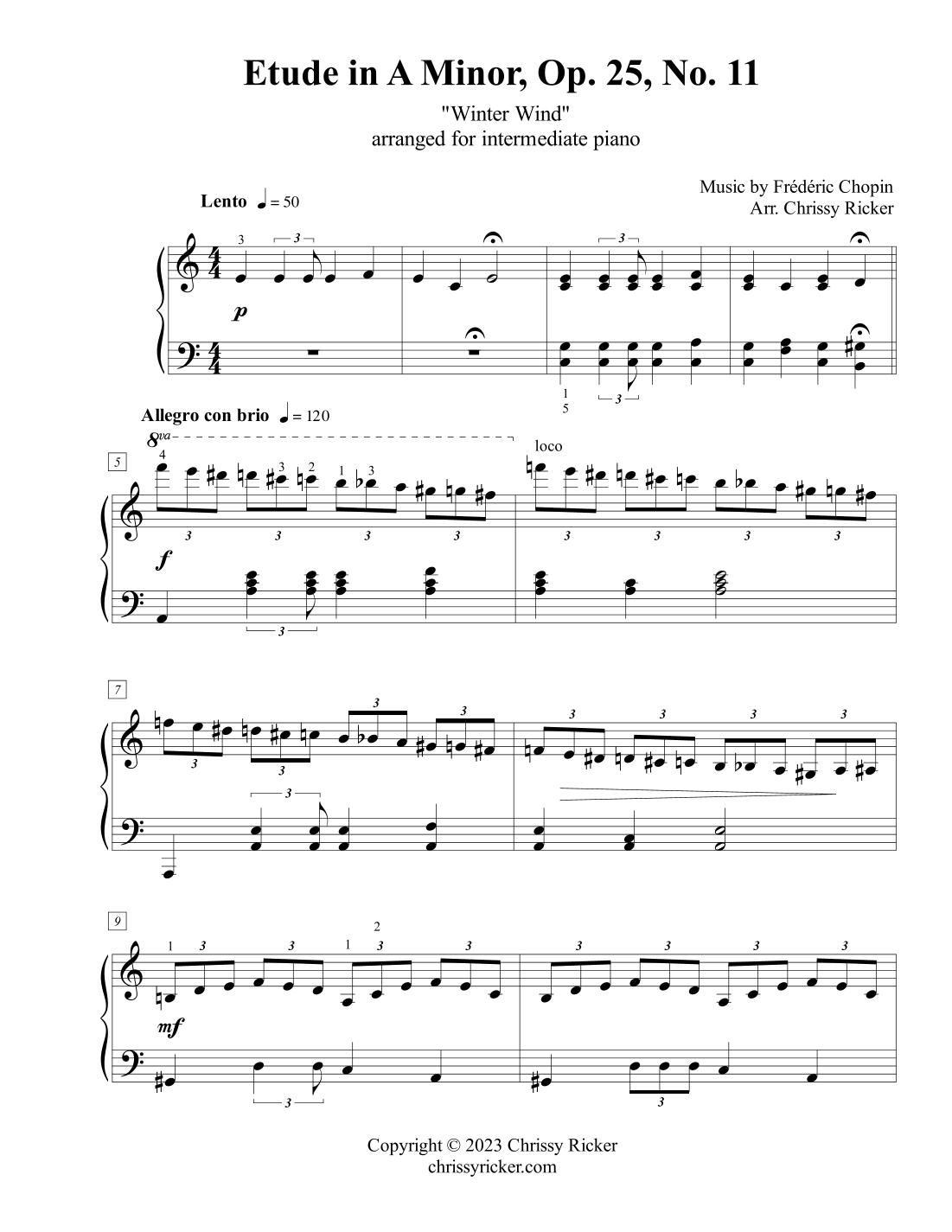Etude In A Minor Winter Wind Intermediate Piano arr Chrissy Ricker By Frederic Chopin Sheet Music For Piano Solo At Sheet Music Direct