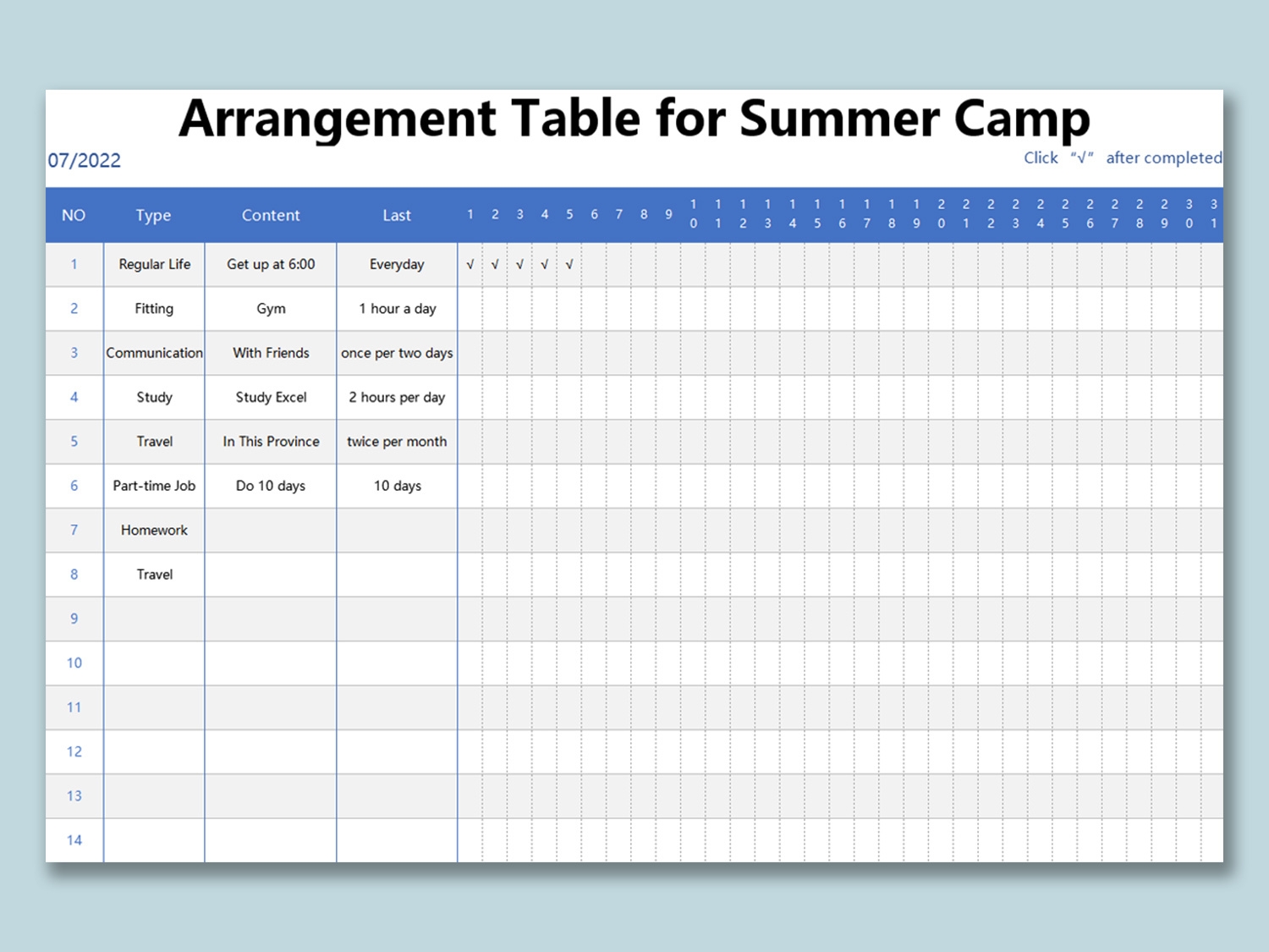 EXCEL Of Arrangement Table For Summer Camp xlsx WPS Free Templates