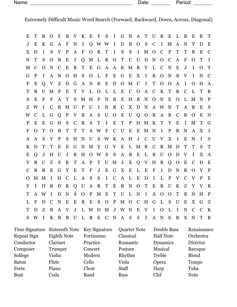 Extremely Difficult Music Word Search Forward Backward Down Across Diagonal WordMint