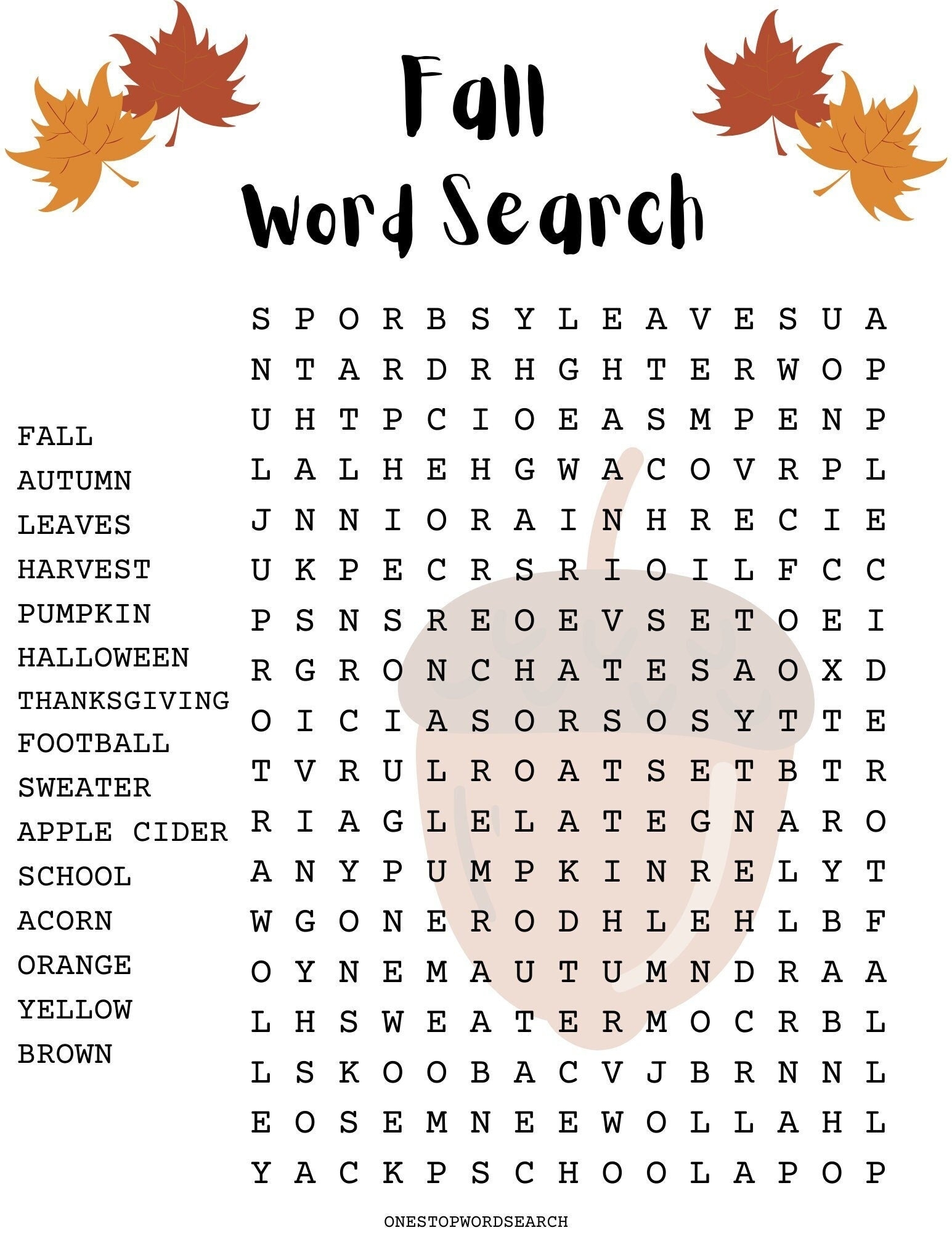 Fall Word Search Puzzles