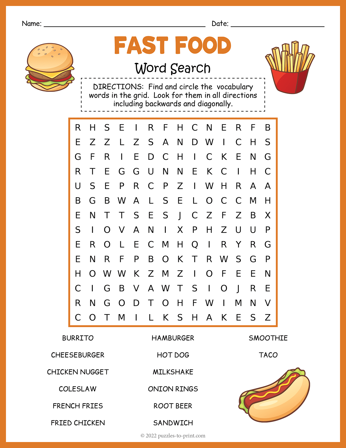 Fast Food Word Search