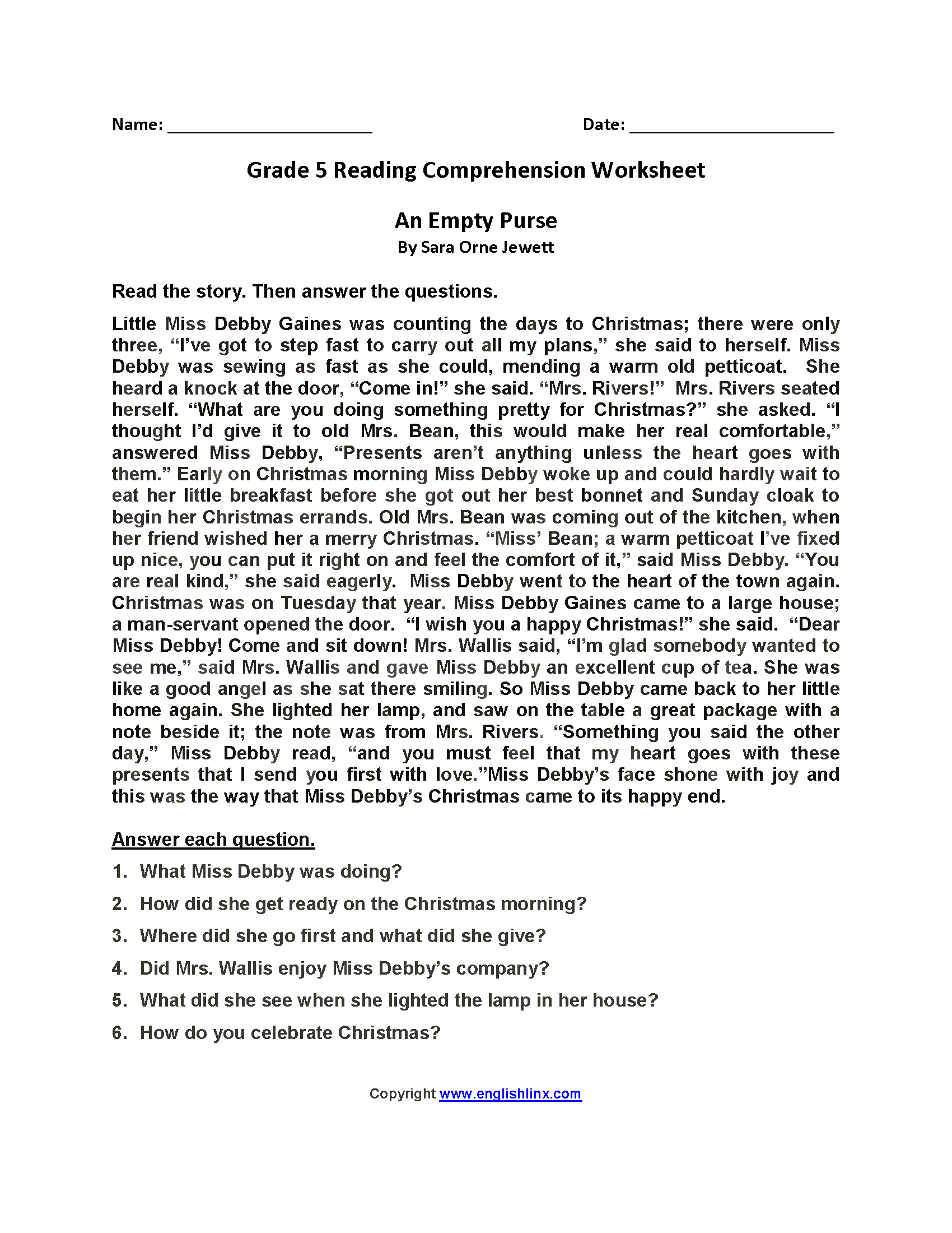 Reading Comprehension Grade 5 Pdf With Answers