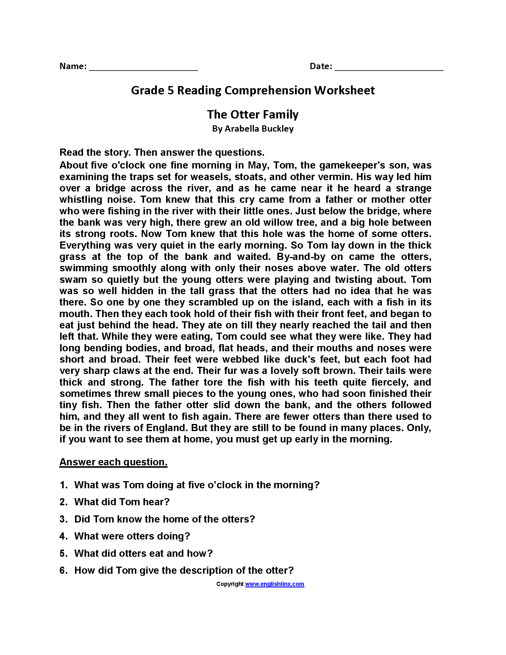 5th Grade Reading Worksheets