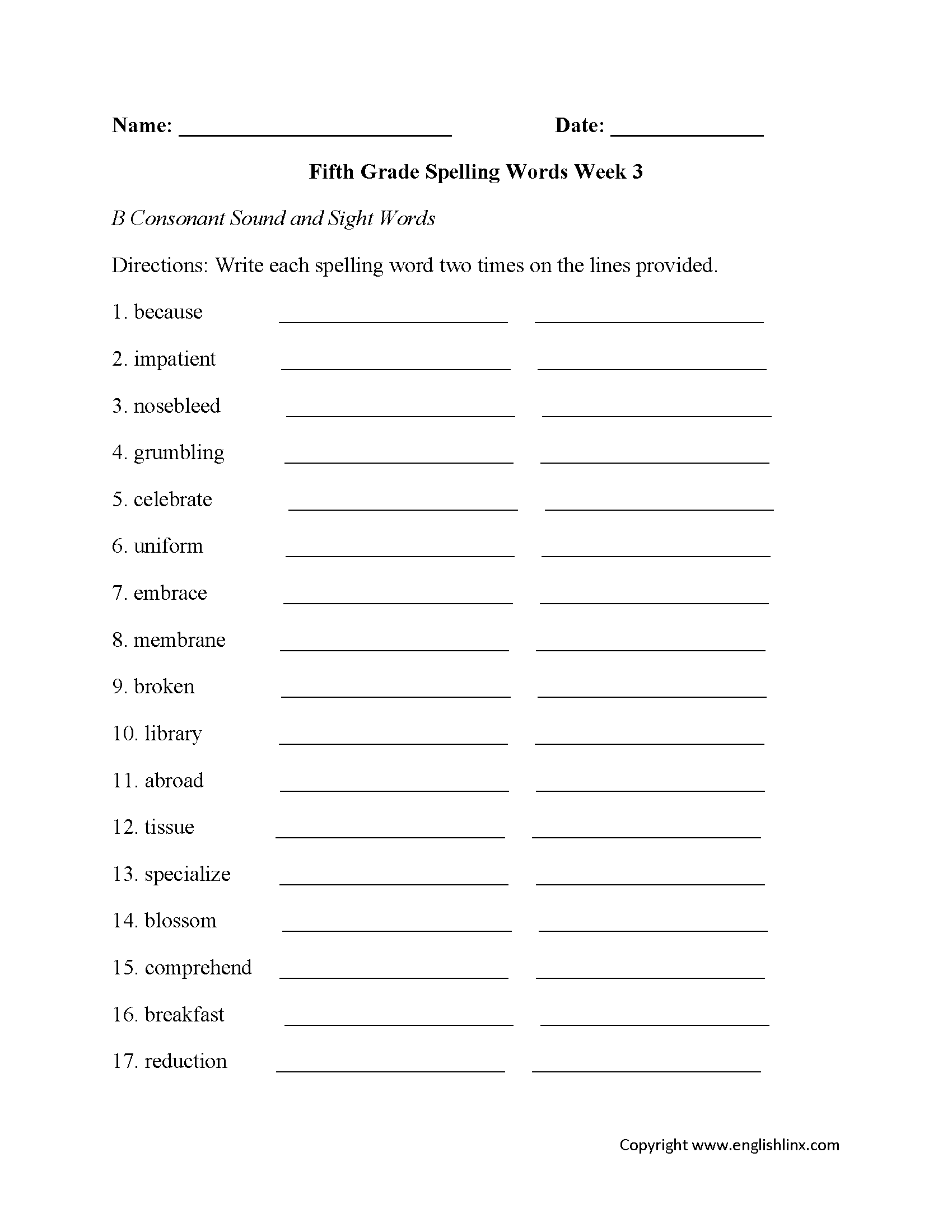 Fifth Grade Spelling Worksheets Printable Word Lists Weekly Practice