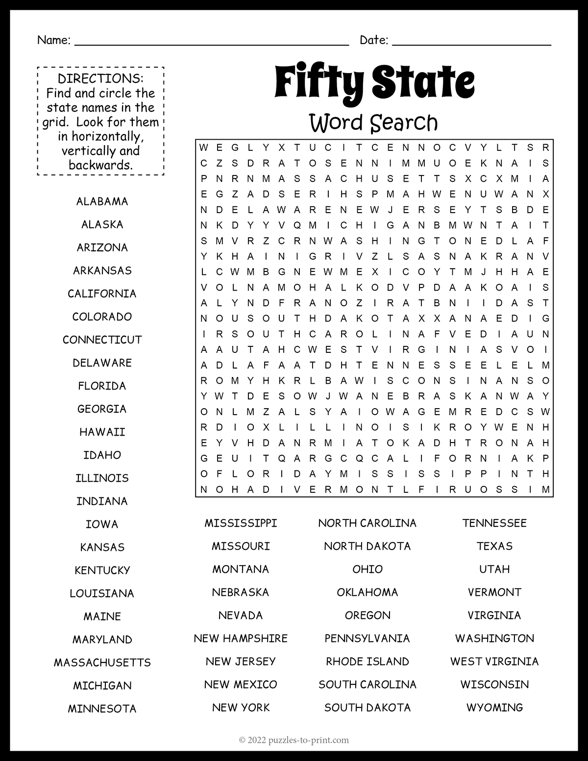 50 State Word Search