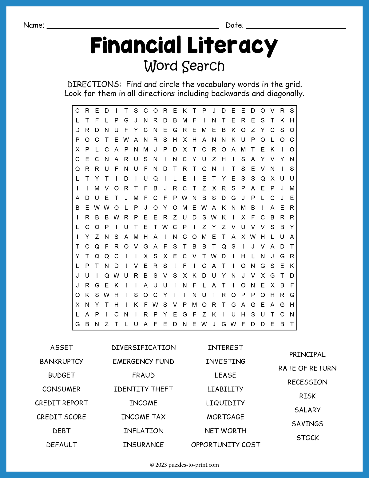 Financial Literacy Word Search