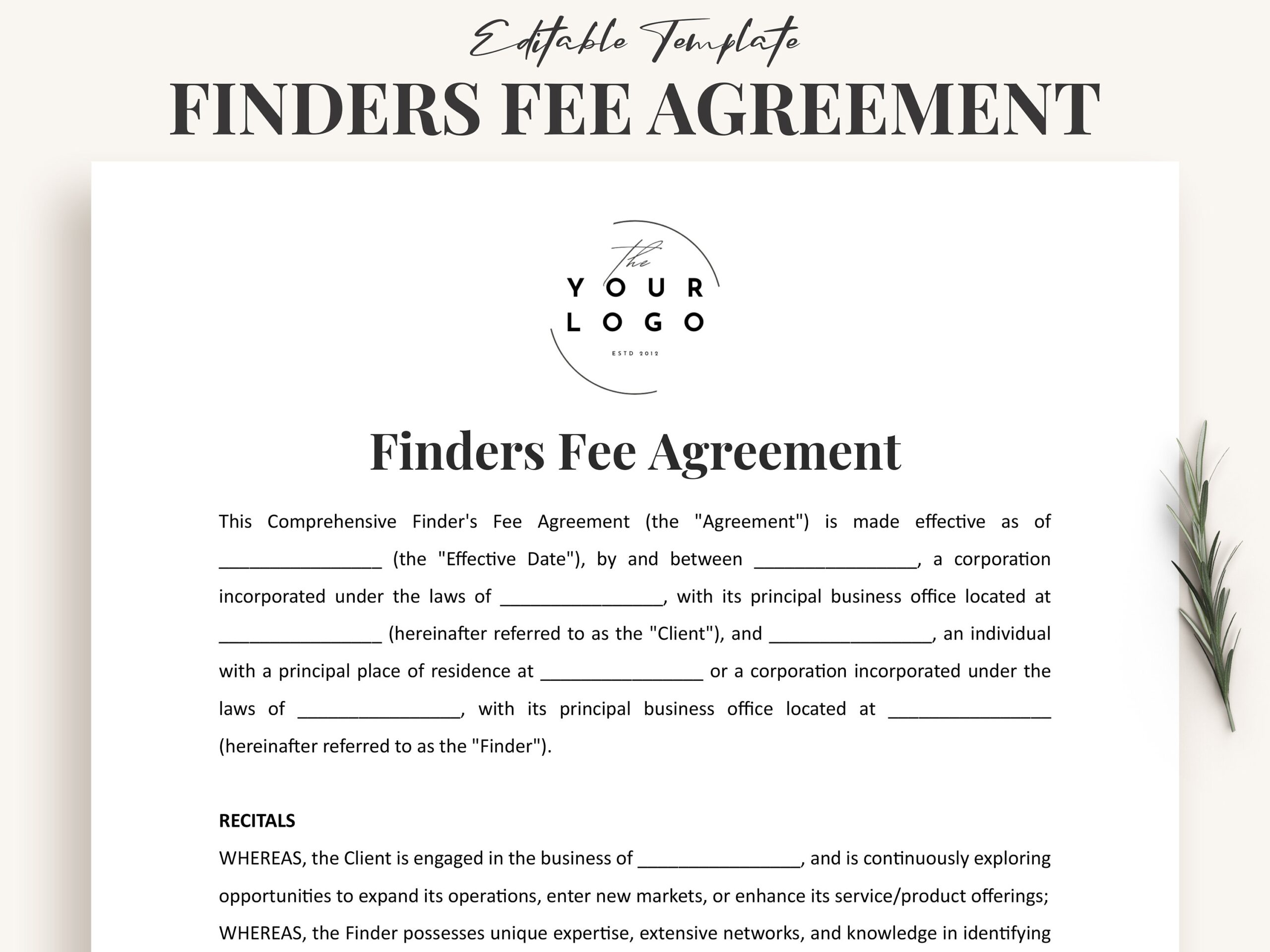 Finders Fee Agreement Template Customizable Business Introduction Contract Affiliate Partnership Document Instant Download Editable PDF Etsy