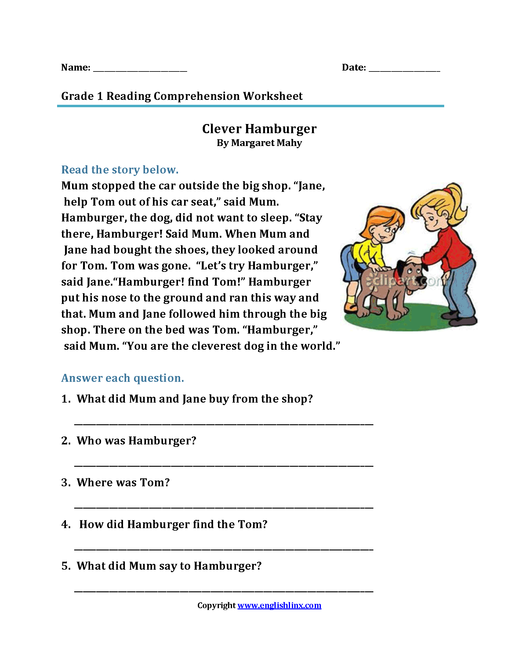 1st grade reading comprehension worksheets pdf
