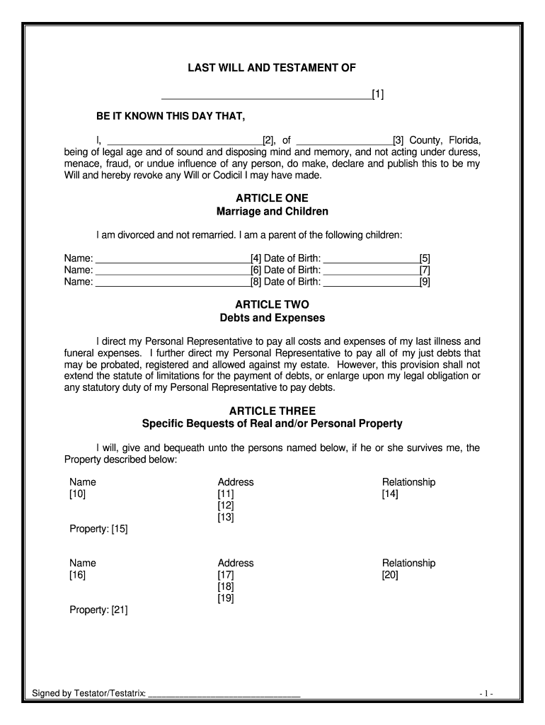 Florida Last Will And Testament Pdf Form Fill Online Printable Fillable Blank PdfFiller