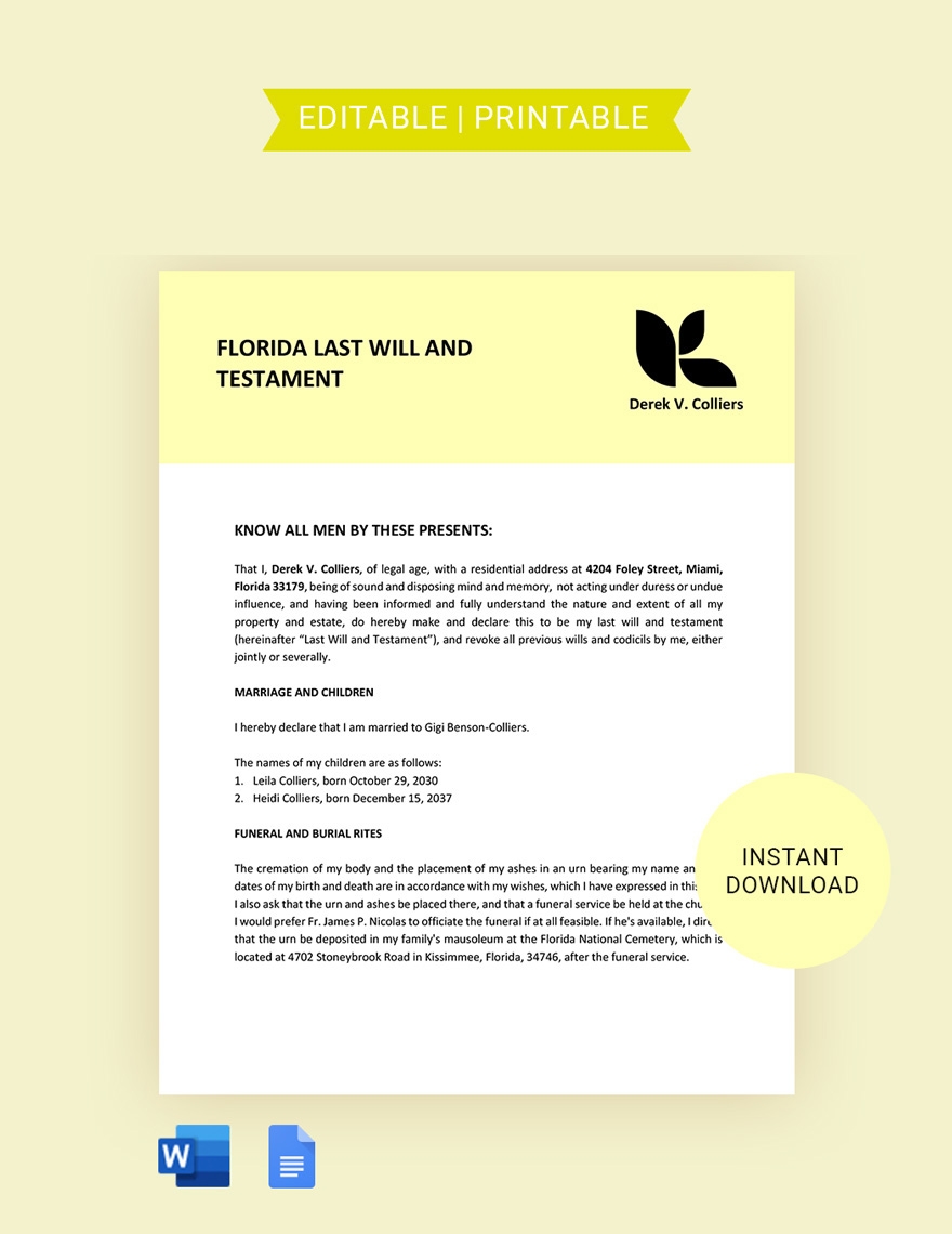 last will and testament florida template