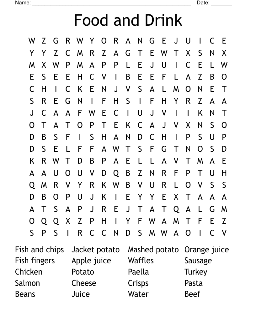 Food And Drink Word Search WordMint