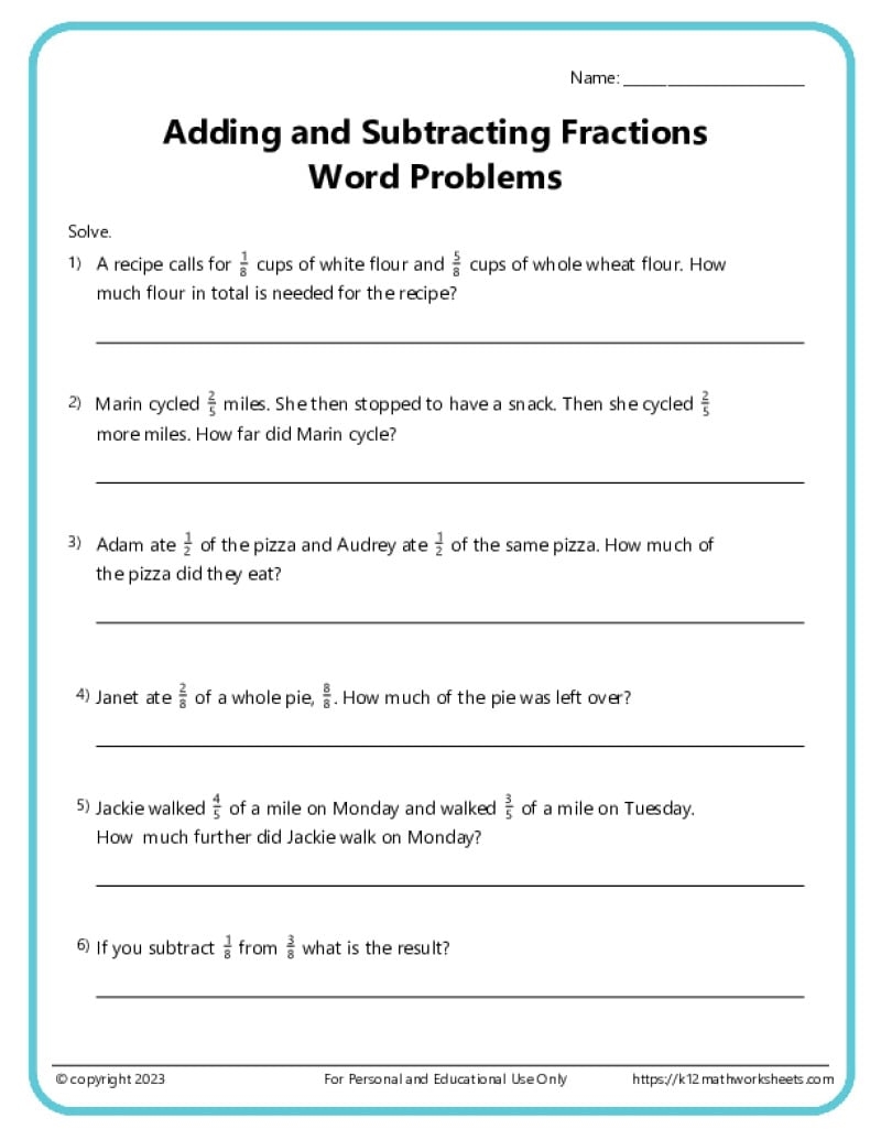 Adding And Subtracting Fractions Word Problems