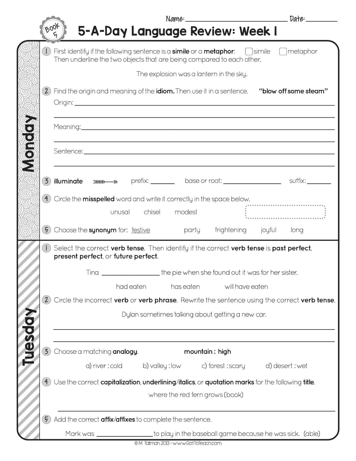 FREE 5th Grade Daily Language Spiral Review Teacher Thrive Worksheets Library