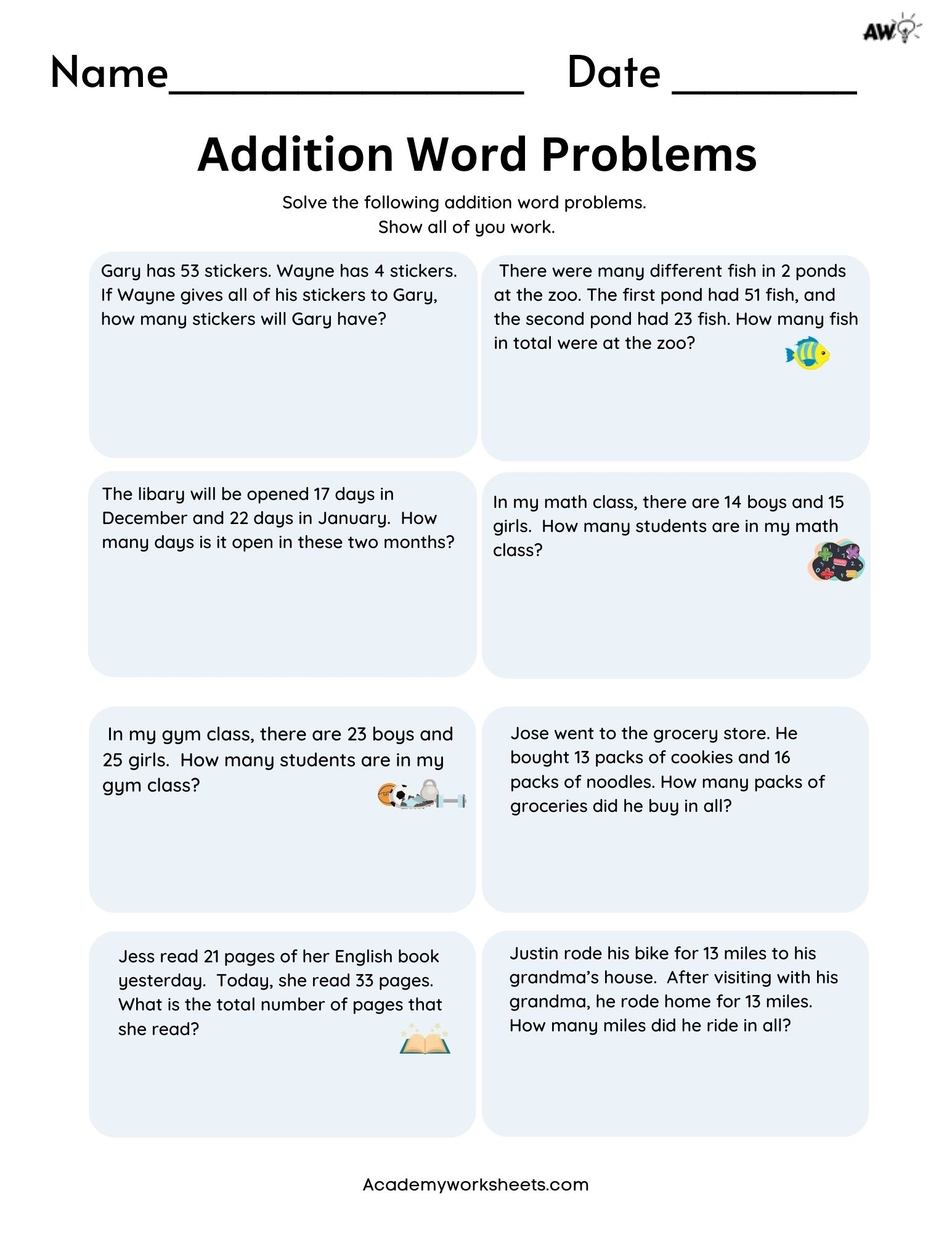 Free Addition Word Problems 1 2 Digit Sums To 99 Academy Worksheets Worksheets Library