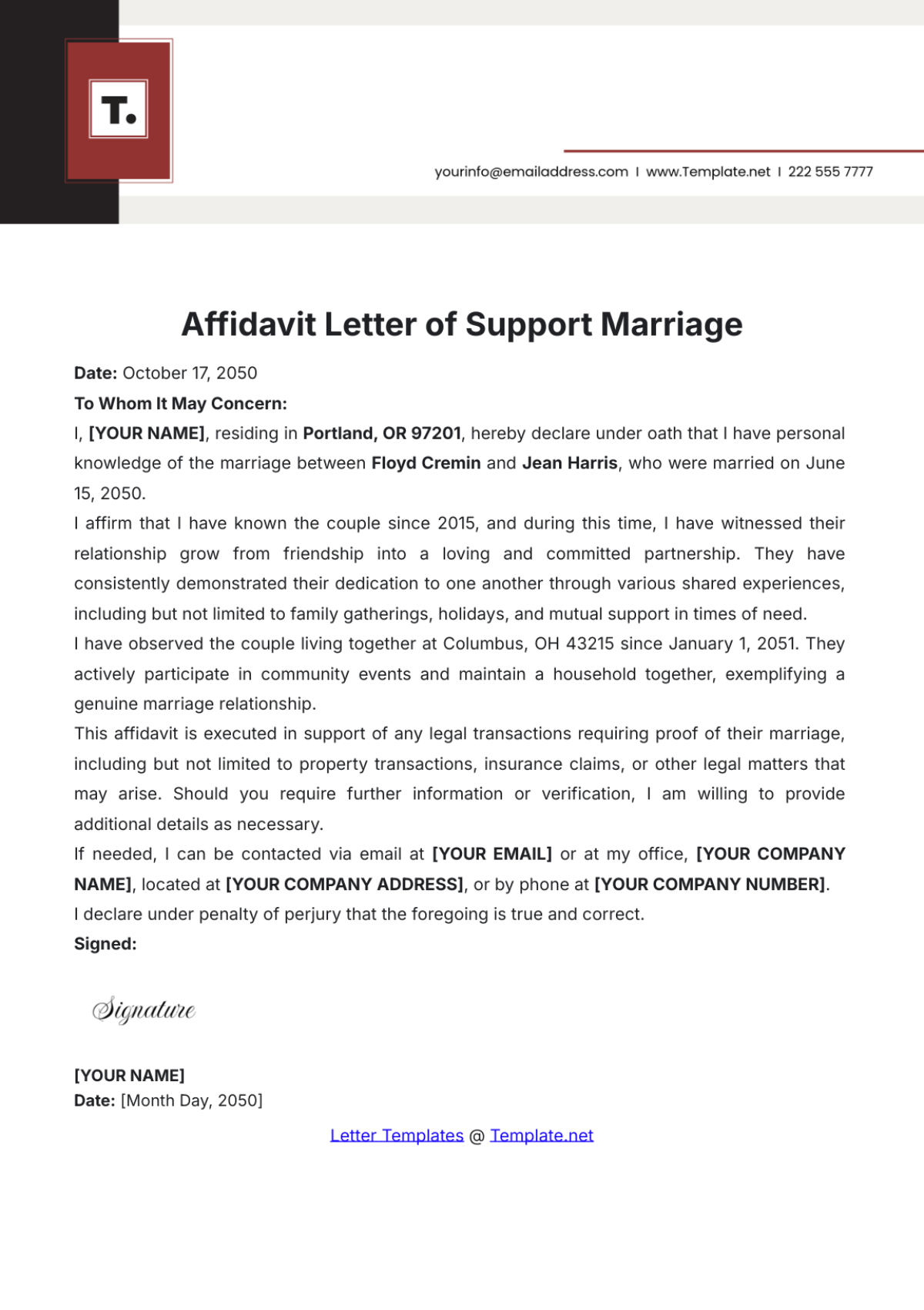 marriage affidavit template