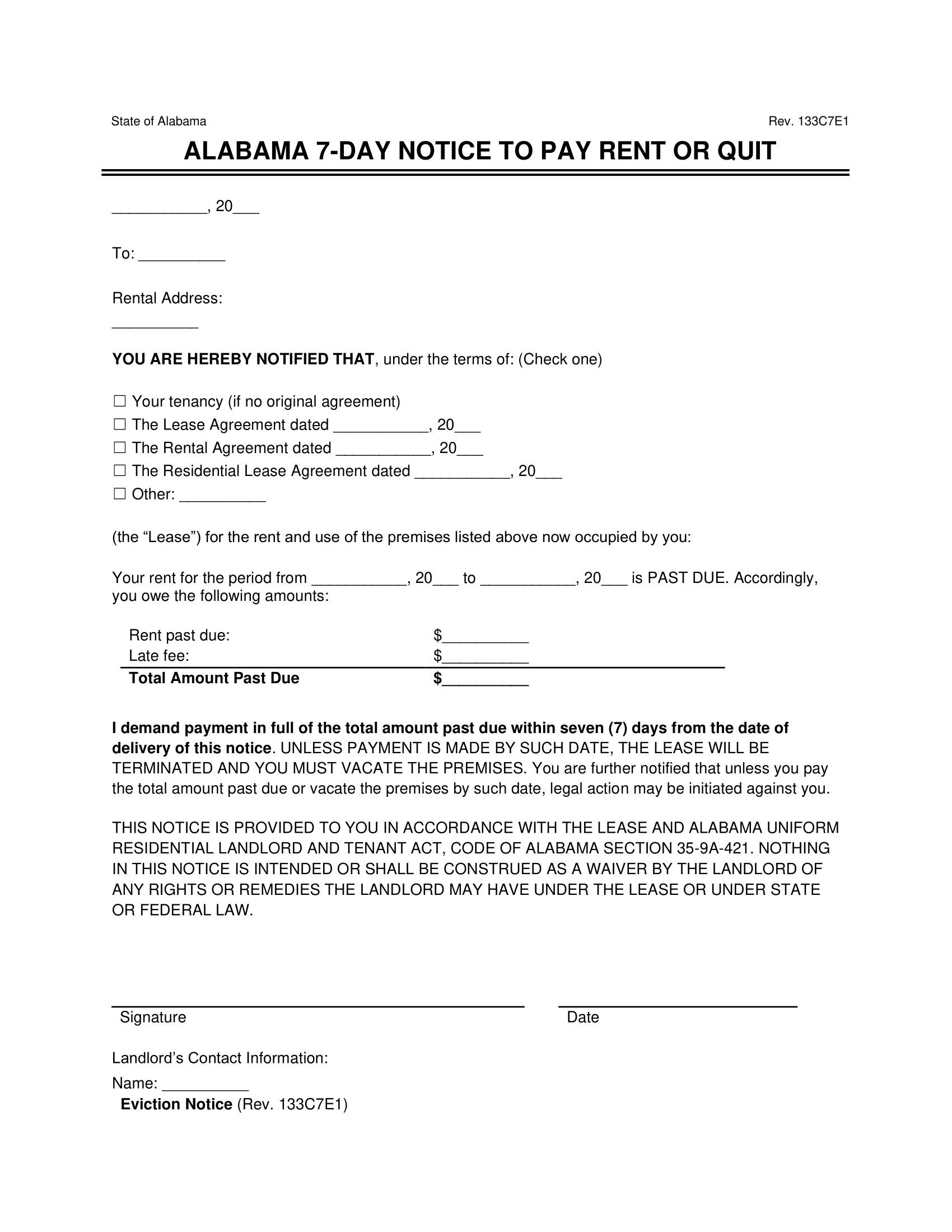 Free Alabama Eviction Notice Forms 7 Day 30 Day Alabama Eviction Templates