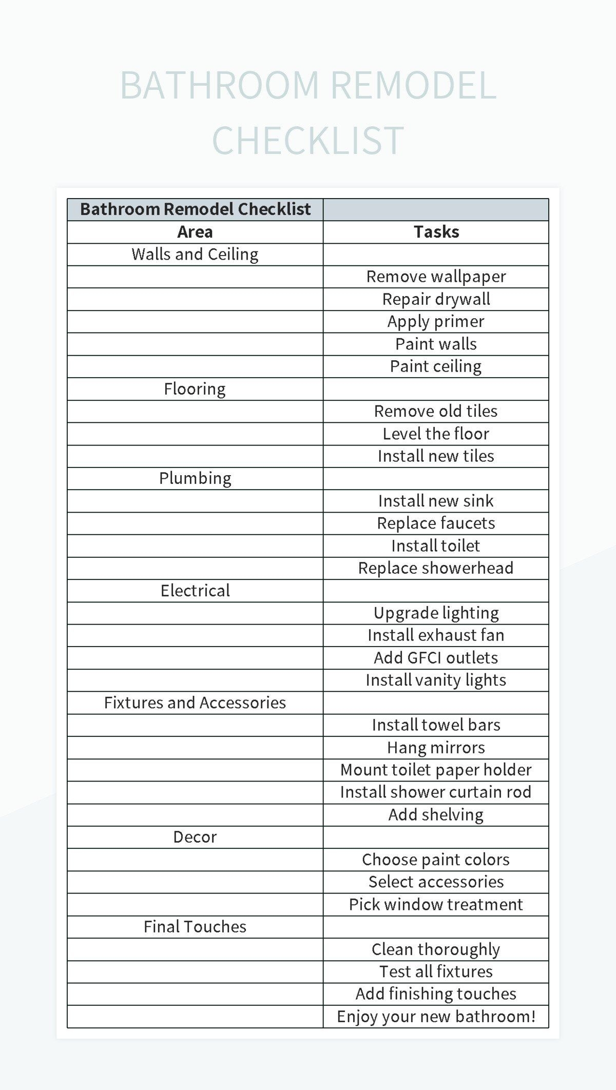 Free Bathroom Remodel Checklist Templates For Google Sheets And Microsoft Excel Slidesdocs