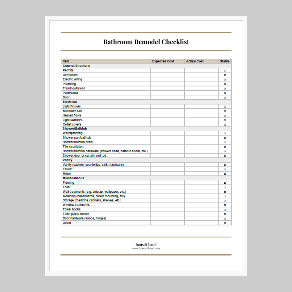 Printable Bathroom Remodel Checklist Template