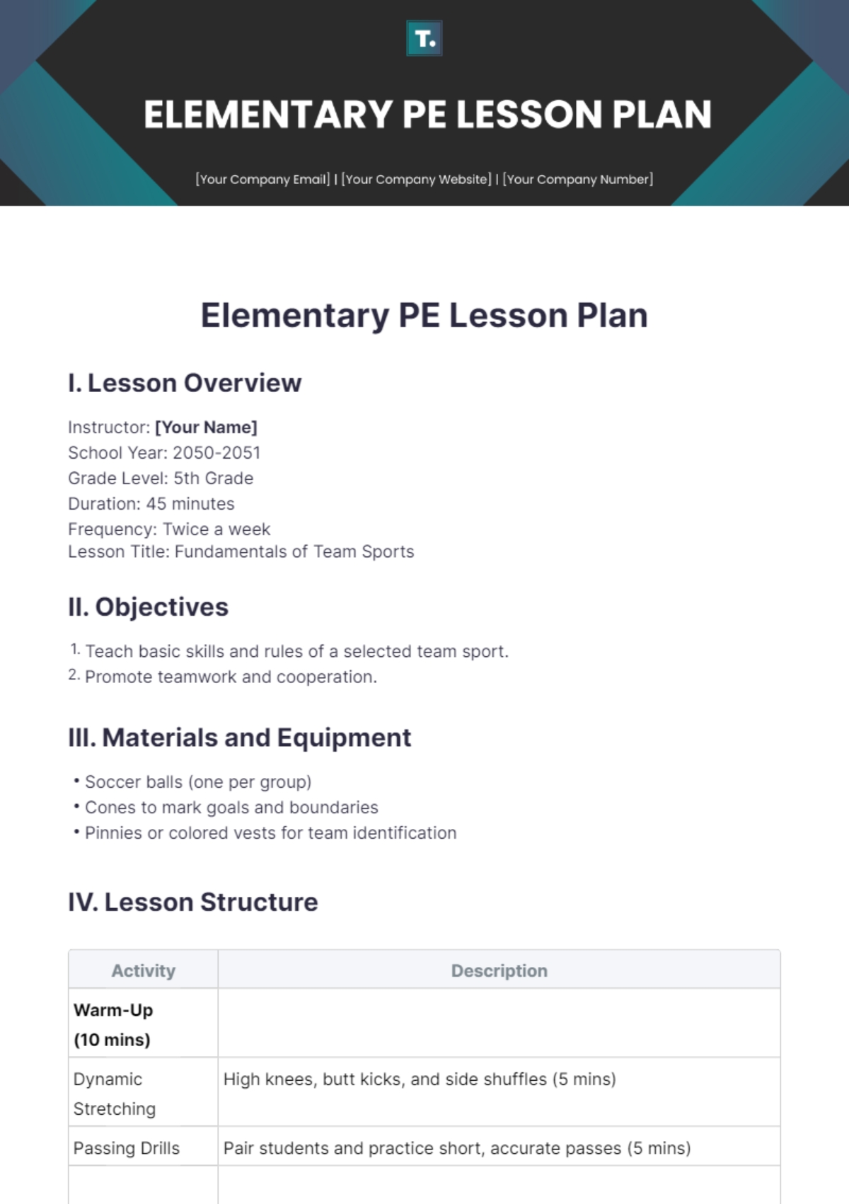 Free Elementary PE Lesson Plan Template To Edit Online