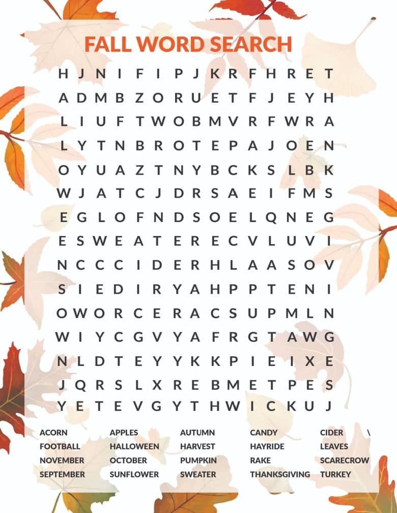 Free Fall Word Search Printable