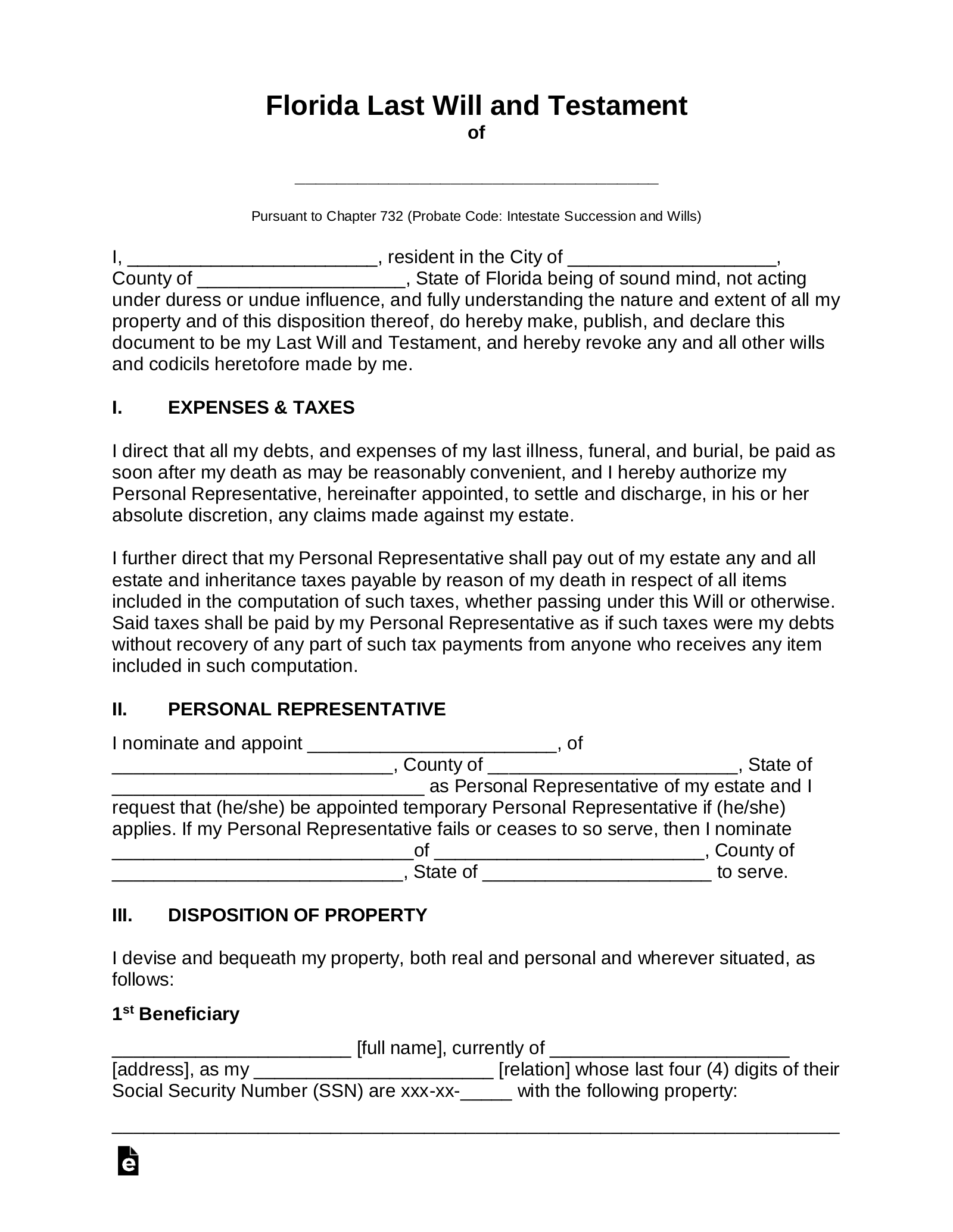 Last Will And Testament Florida Template