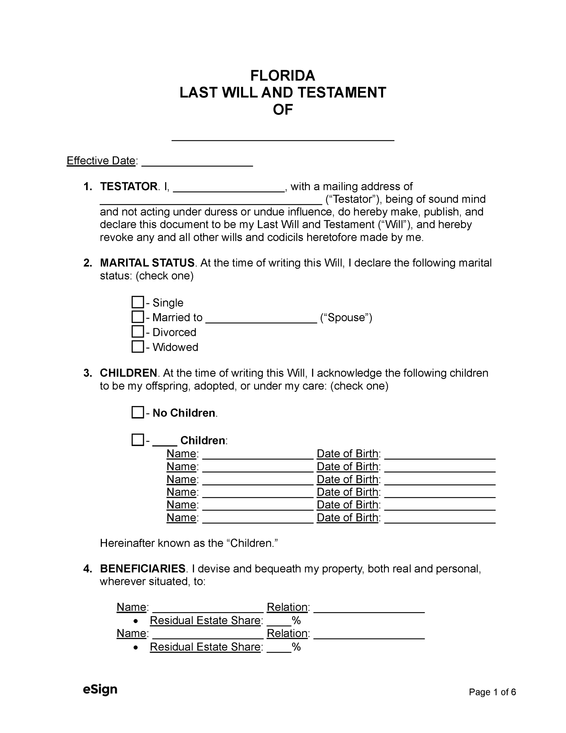 Free Florida Last Will And Testament Template PDF Word