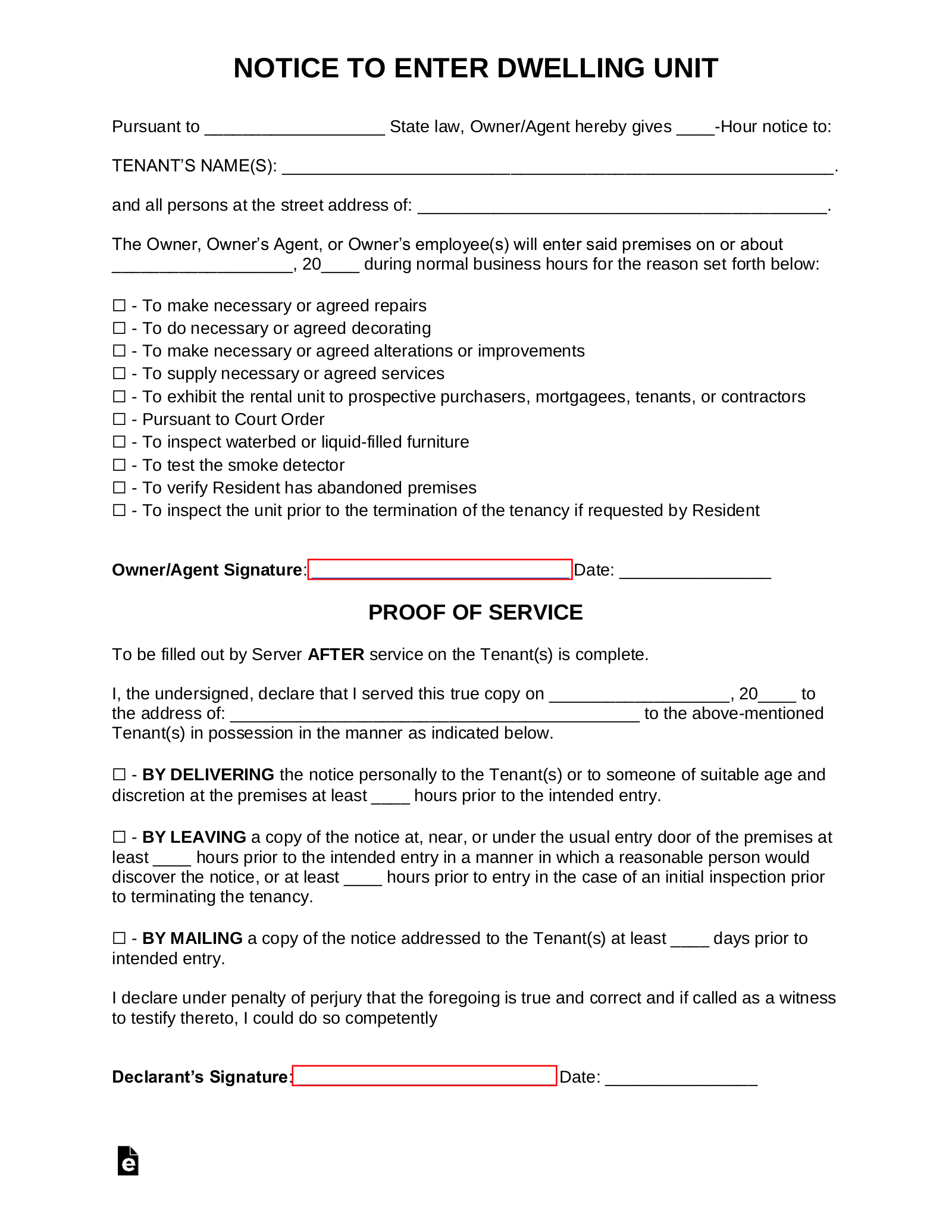 Free Landlord Notice To Enter Form ALL States PDF Word EForms