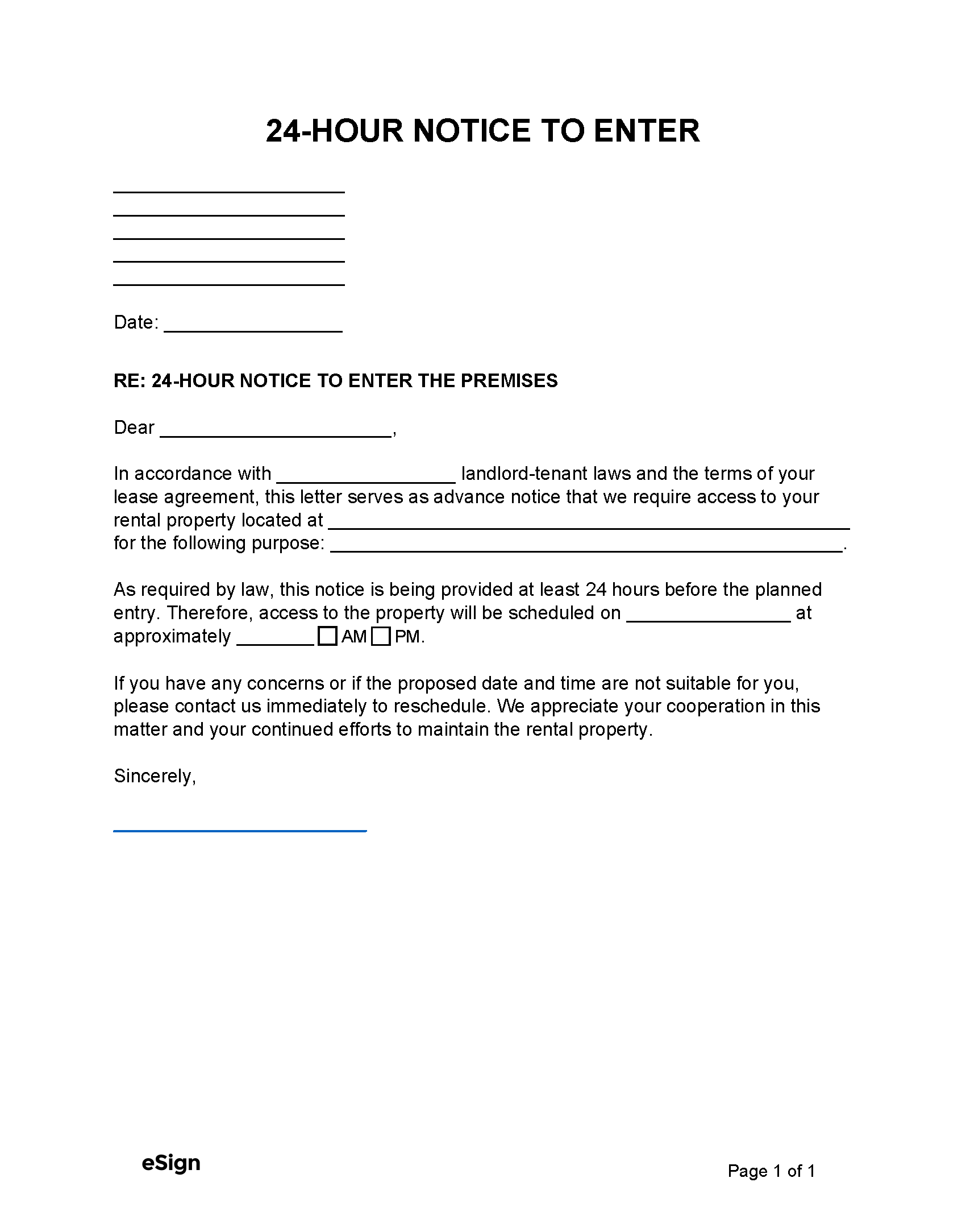 Free Landlord Notice To Enter Form PDF Word