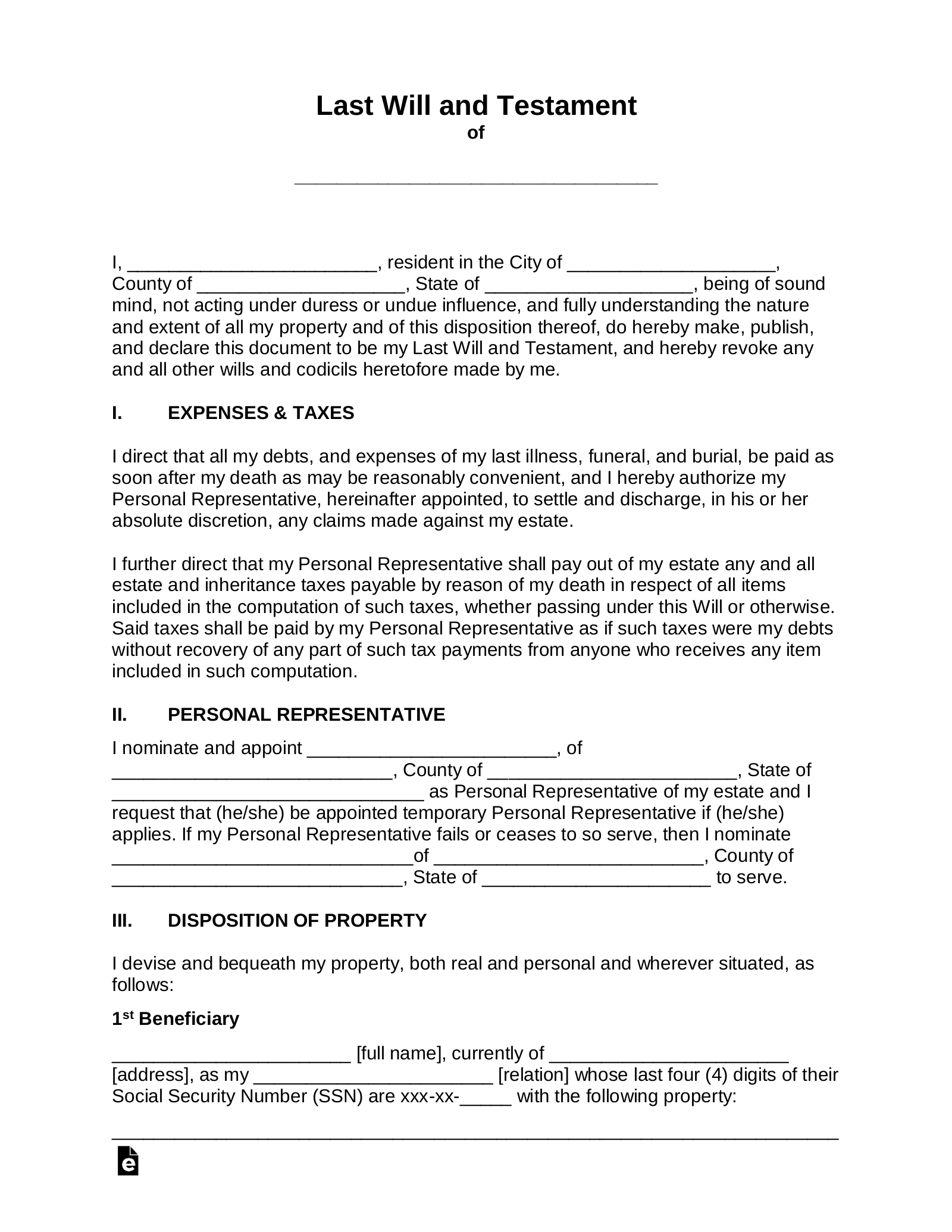 Printable Last Will And Testament Template