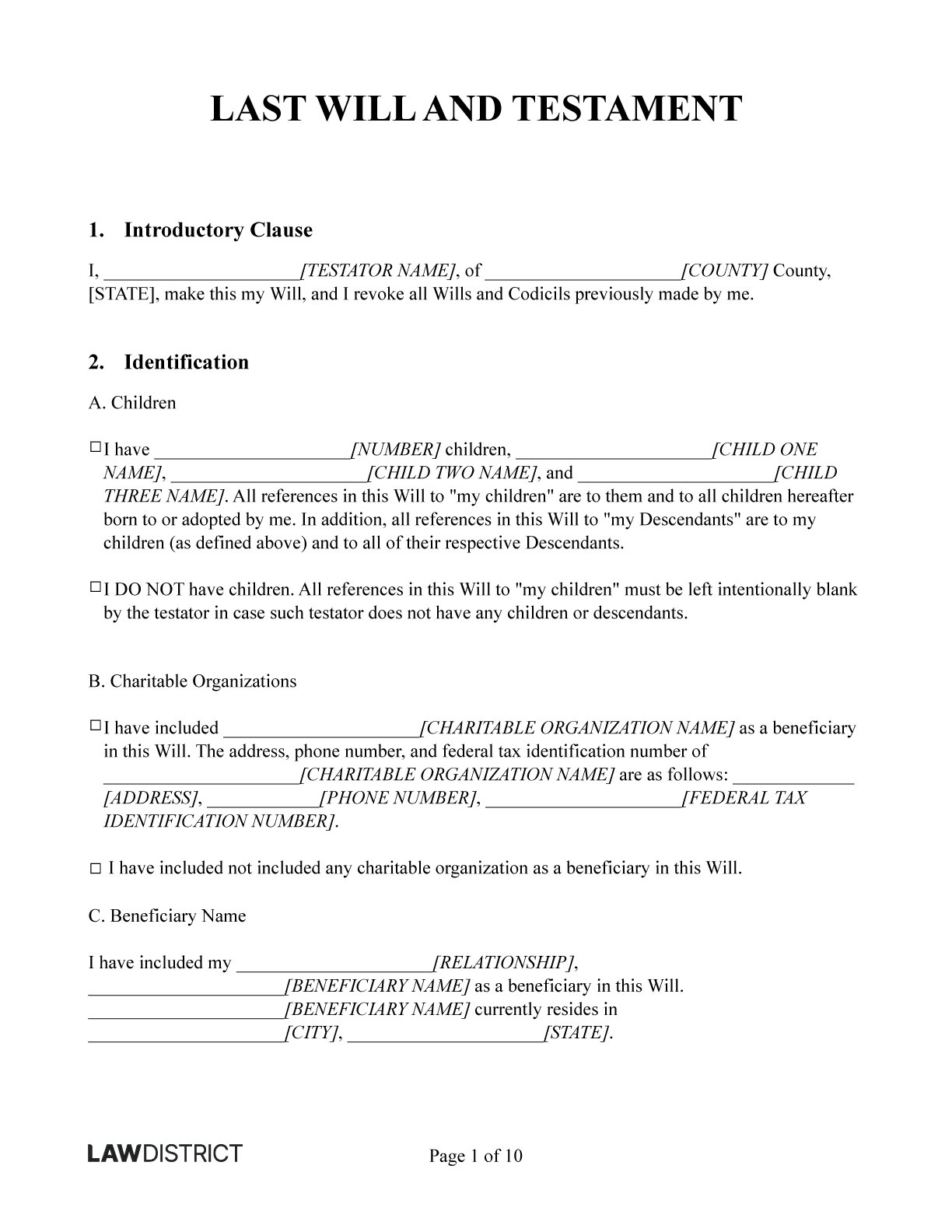 Free Last Will Testament Form Printable PDF Word Lawdistrict
