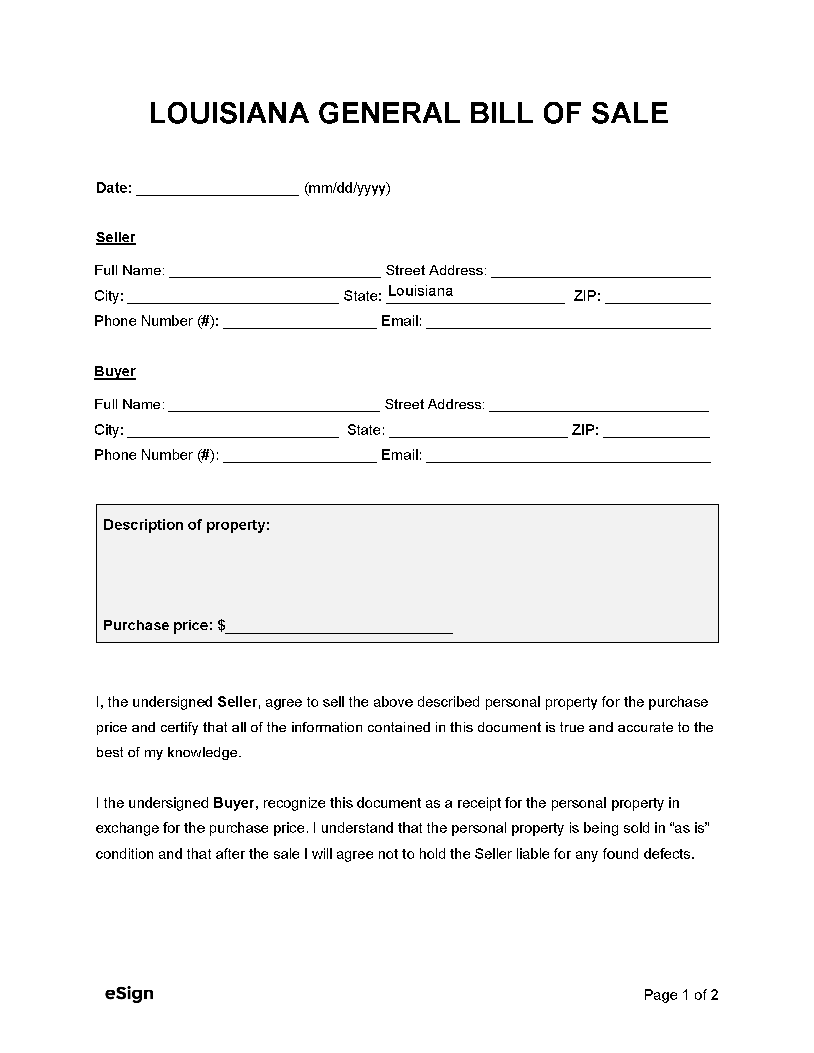 Free Louisiana General Bill Of Sale Form PDF Word Free Louisiana General Bill Of Sale Form PDF Word