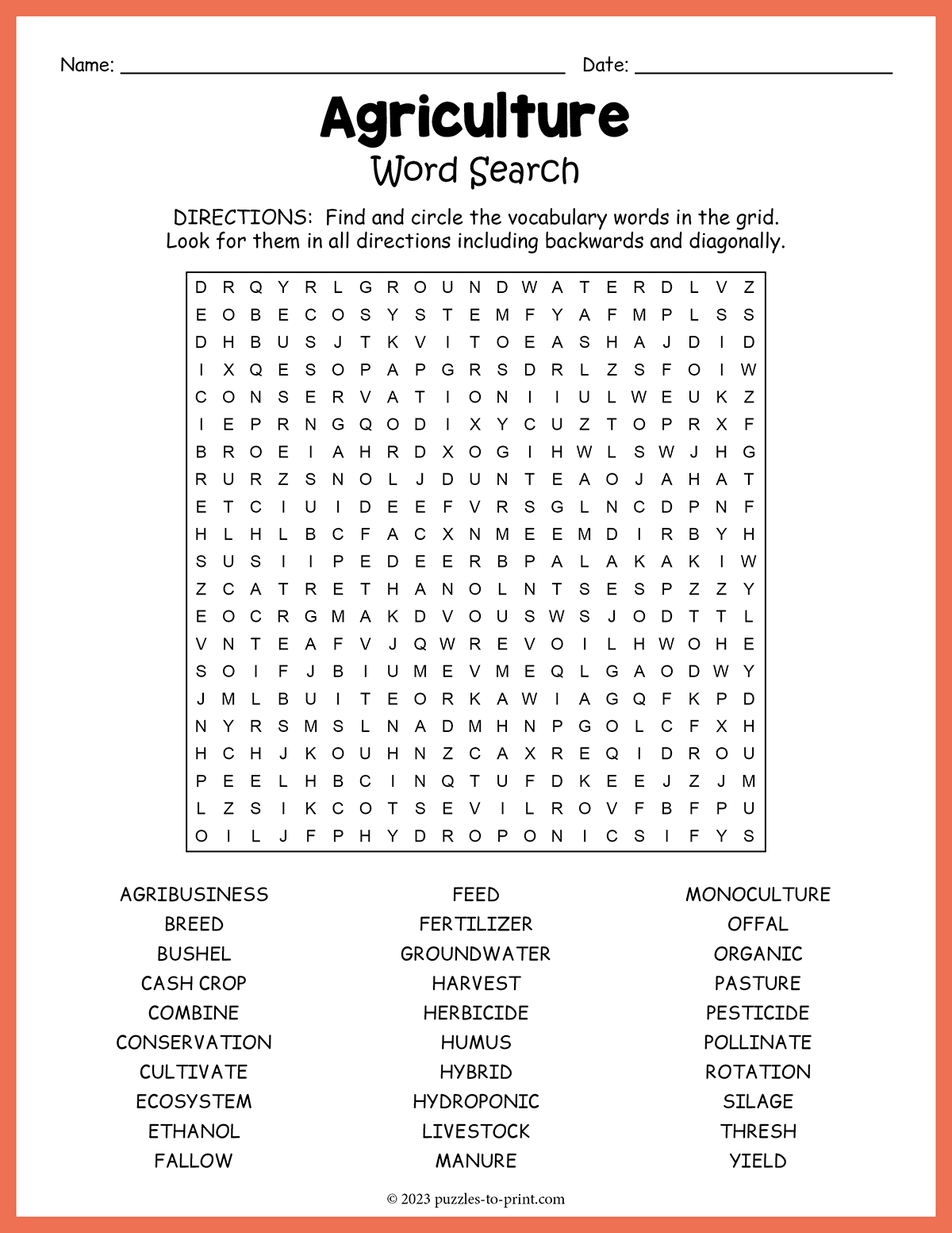 Free Printable Agriculture Word Search