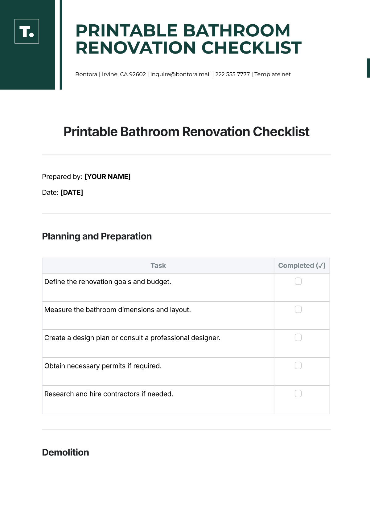 Free Printable Bathroom Renovation Checklist Template To Edit Online
