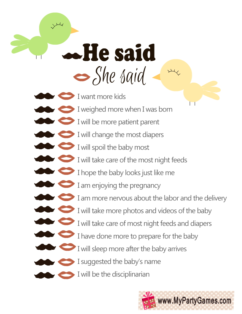 Free Printable He Said She Said Baby Shower Game